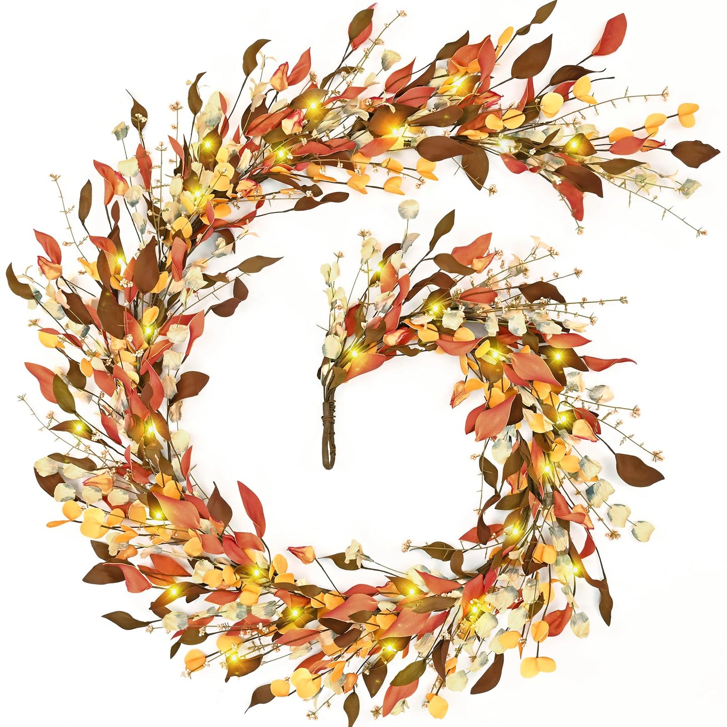 Waipfaru Fall Decor, Fall Garland with Lights, 6FT Autumn Eucalyptus Leaves Lighted Garland Thanksgiving Harvest Festival Decorations for Home Mantle Porch Outdoor Indoor Wedding Table Wall Arch