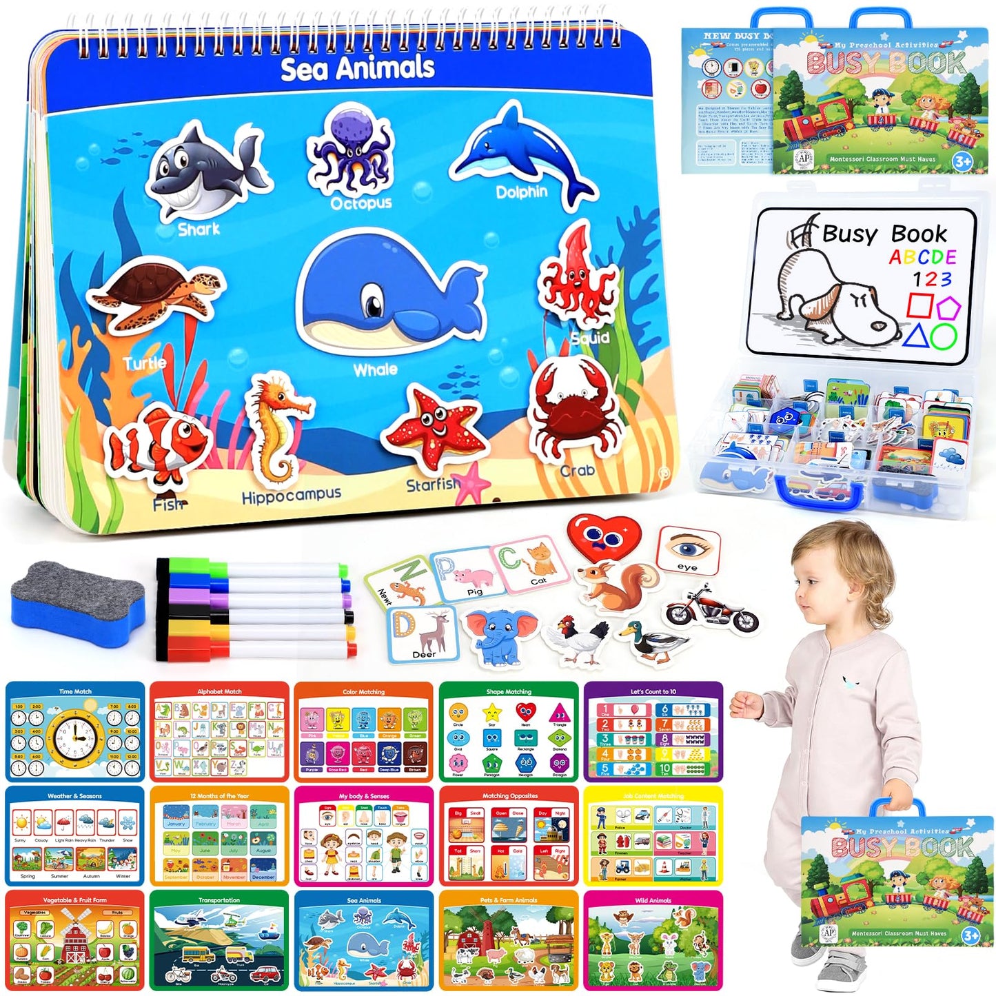 Busy Book for Toddlers 3-5, Montessori Preschool Learning Activities with Classified Storage Box & Double-Sided Writing Board, 15 Themes Autism Sensory Travel Toys, Ready to Use (No Assembly Needed)