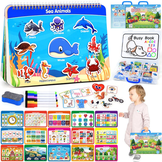 Busy Book for Toddlers 3-5, Montessori Preschool Learning Activities with Classified Storage Box & Double-Sided Writing Board, 15 Themes Autism Sensory Travel Toys, Ready to Use (No Assembly Needed)