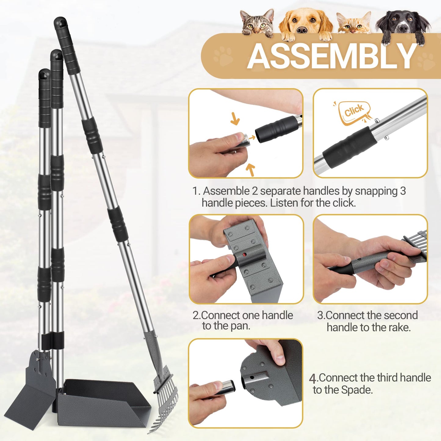 Heeyoo Dog Pooper Scooper, Dog Poop Tray and Rake Set, Pet Waste Removal Scoop with Long Adjustable Sectional Stainless Handles