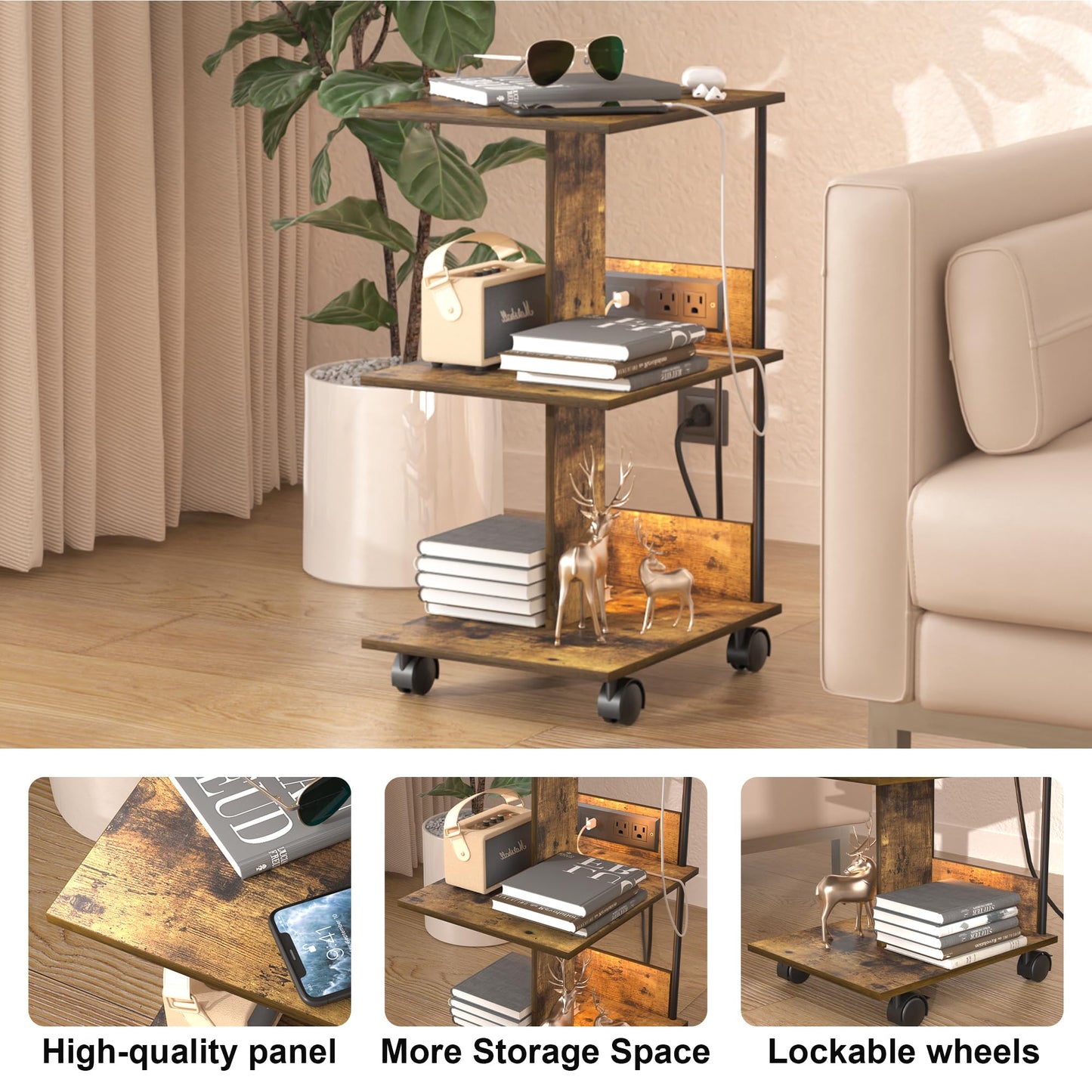 End Table with Charging Station & LED Lights, 3 Tier Movable Wooden Nightstand with Wheels Storage Shelves, Narrow Bedside Tables Side Table for Living Room Bedroom Home Office, Easy to Assemble