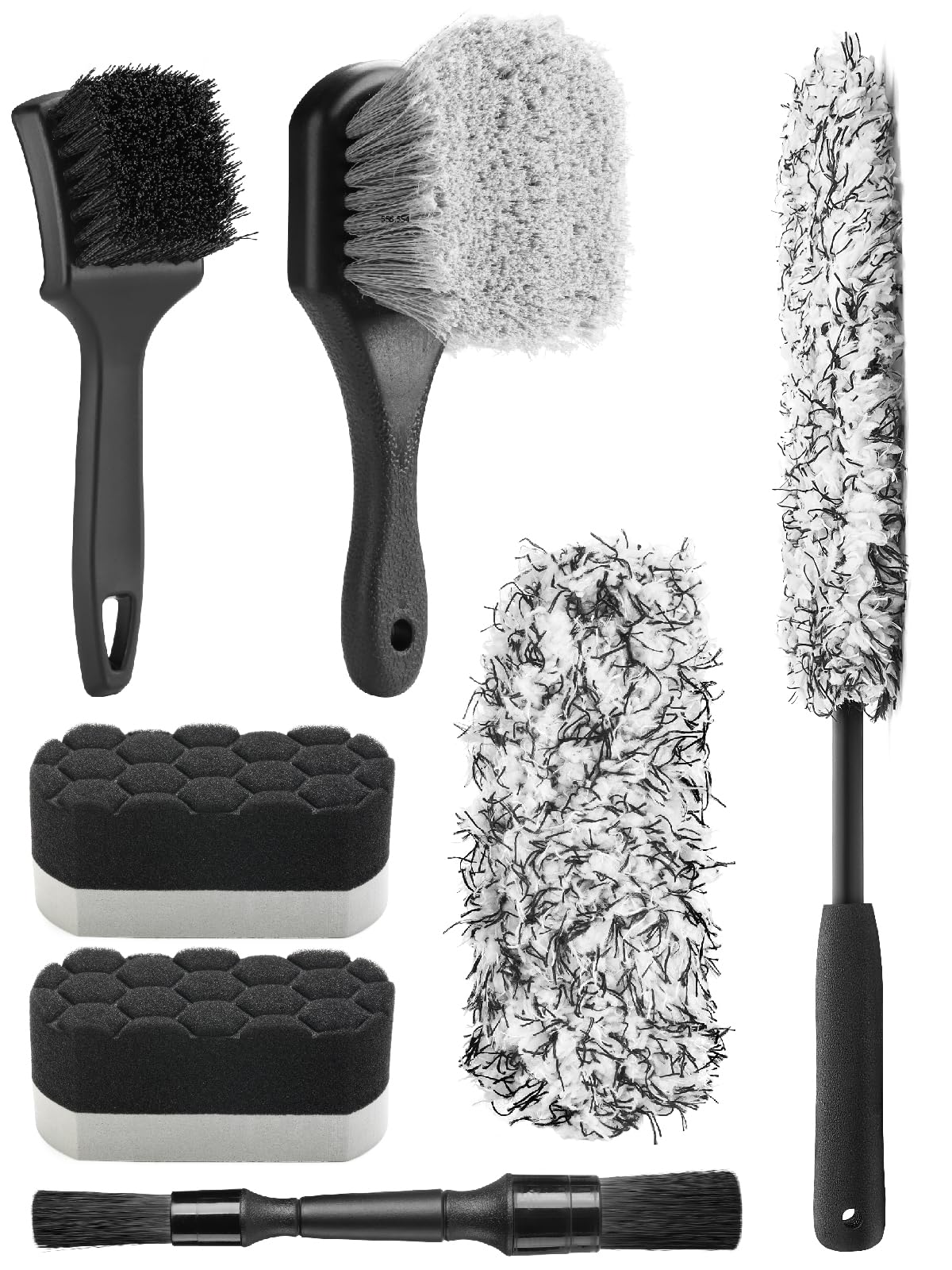 Fantasticlean 7PCS Car Wheel Cleaning Pro Kit, Tire Brush, Soft-bristled Rims Brush, Microfiber Flat Wheel Brush, Double-Ended Detailing Brush, Detailing Pads, Scratch-Free & Multipurpose