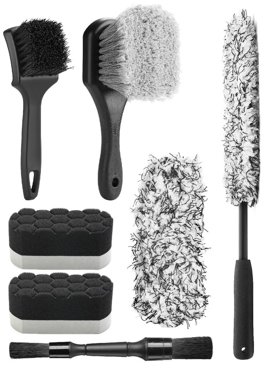 Fantasticlean 7PCS Car Wheel Cleaning Pro Kit, Tire Brush, Soft-bristled Rims Brush, Microfiber Flat Wheel Brush, Double-Ended Detailing Brush, Detailing Pads, Scratch-Free & Multipurpose
