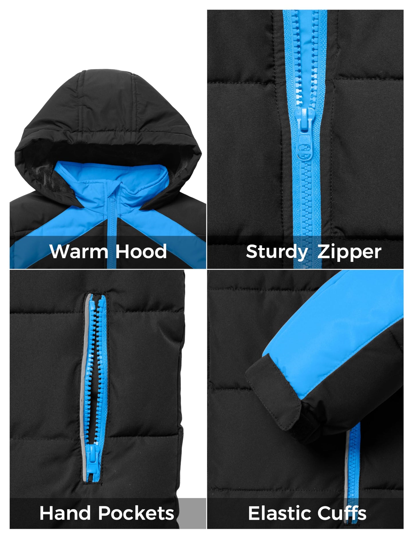 ZSHOW Boys' Puffer Jacket Windproof Waterproof Quilted Outerwear Coat with Hood(Black & Blue,10-12)