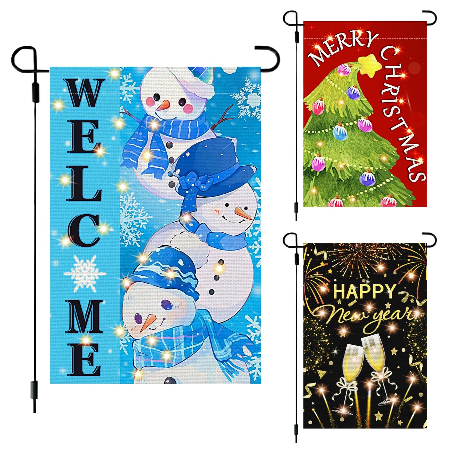 3Pcs Winter Garden Flag Lighted Decorations Welcome Winter Snowman Garden Flag Sign with LED Double Sided Happy New Year 2025 Merry Christmas Lawn Flag Decor for Outdoor Holiday Favor Gifts Supplies