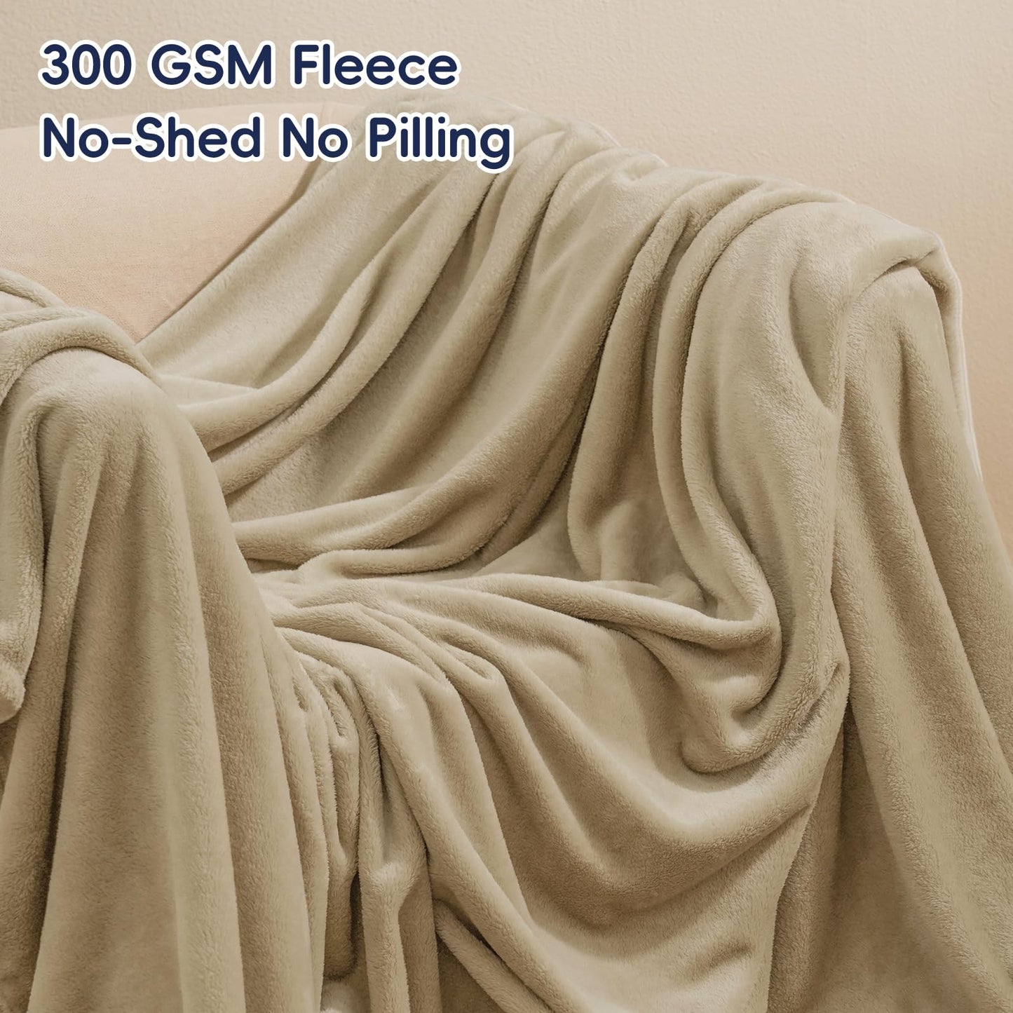 PHF Ultra Soft Fleece Blanket Queen Size, No Shed No Pilling Luxury Plush Cozy 300GSM Lightweight Blanket for Bed, Couch, Chair, Sofa Suitable for All Season, 90" x 90", Khaki