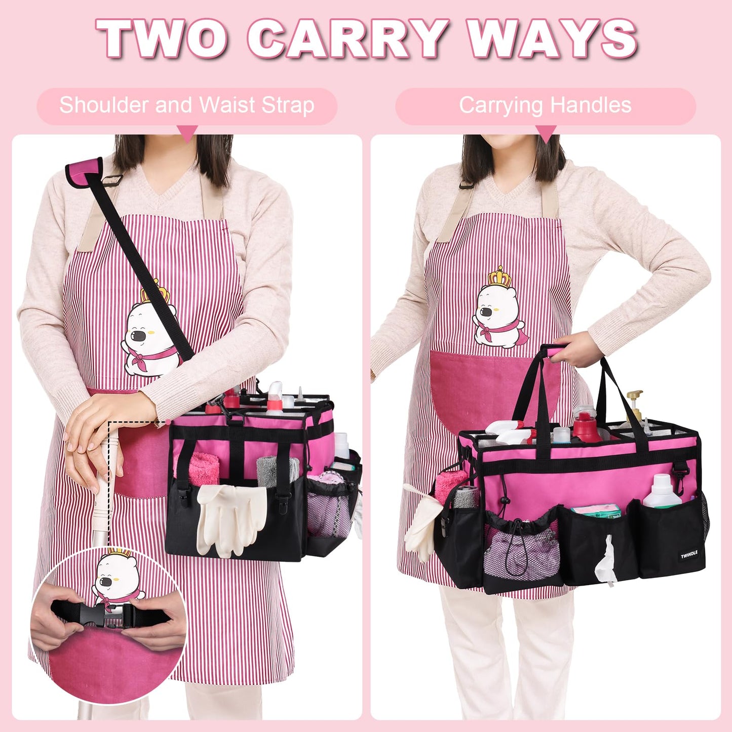 Extra-Large Cleaning Caddy With Detachable Divider,Cleaning Caddy For Cleaning Supplies,19.69" X 11.42" X 11.42" Large Cleaning Supply Caddy With Adjustable Shoulder Strap & Waist Belt For Cleaners