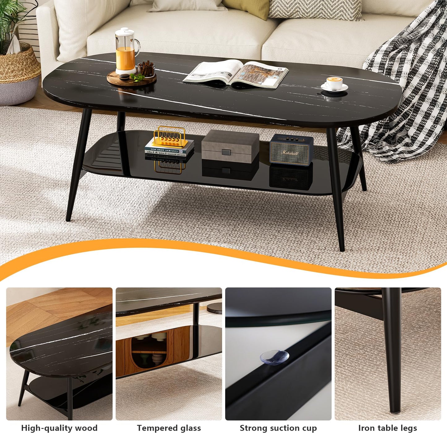 Coffee Tables for Living Room, Black Coffee Table with Glass Shelves, Spacious Oval-Shaped Mid Century Modern Coffee Table