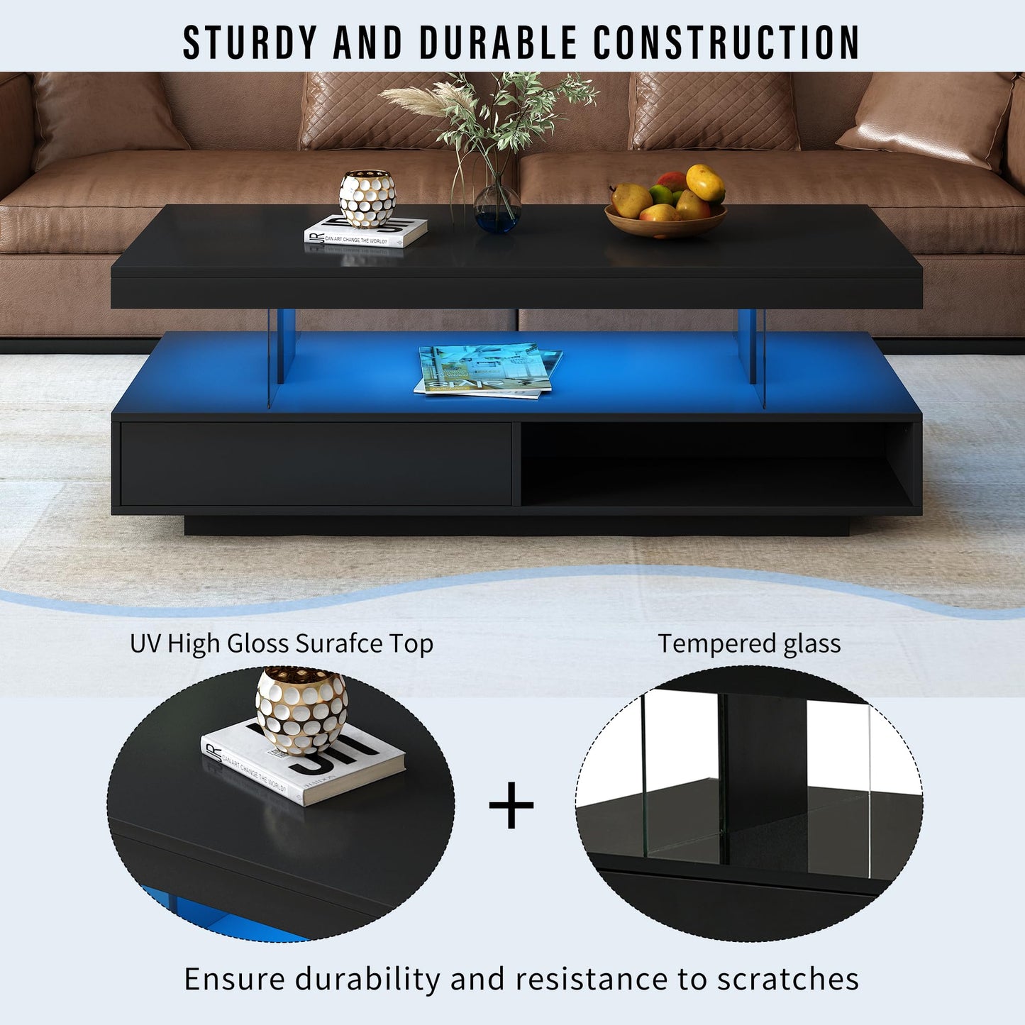 LUMISOL High Gloss Coffee Table with 16 Colors LED Lights, UV Cocktail Table with 2 Drawers and Display Shelf, Modern Center Table for Living Room, Black