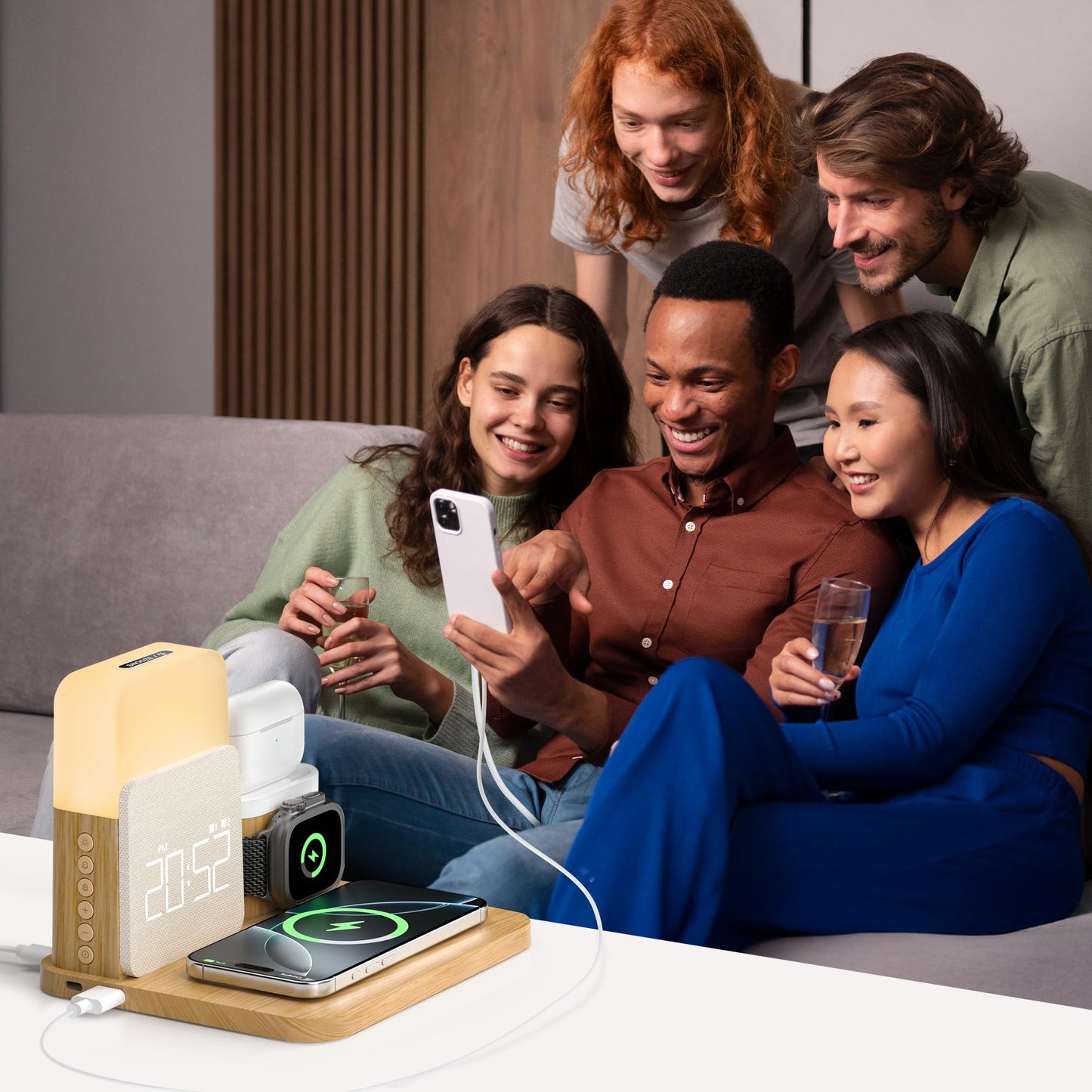 Alarm Clock Charging Station for Bedrooms, 7 in 1 Wireless Charging Station, Mag-Safe Charger with Night Light Bedside Clock for iPhone 16 15 14 13 12 Pro Max, Apple Watch, AirPods