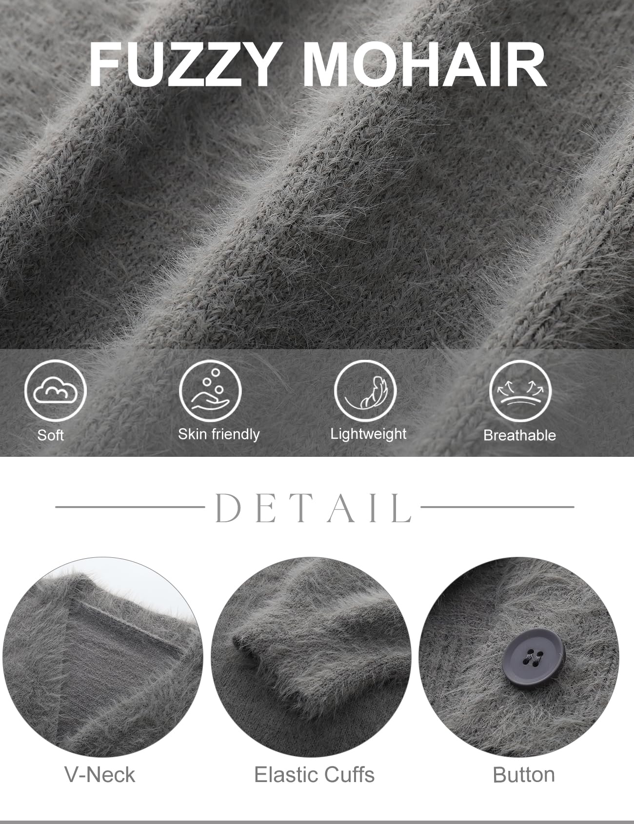 COZYPOIN Womens Fuzzy Mohair Cardigan Open Front Button Down V-Neck Long Sleeve Sweater Slouchy Drop Shoulder Knit Coat(Grey-L)