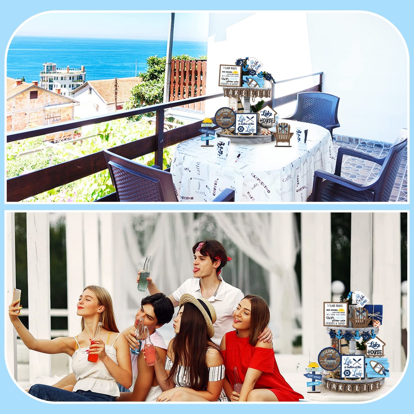 22 Pieces Summer Tiered Tray Decor Sets Farmhouse Hello Summer Wood Sign Rustic Beach Home Decor Summer Table Decorations Small Hawaiian Wooden Plaque for Shelf Kitchen Tabletop (Lake House Style)