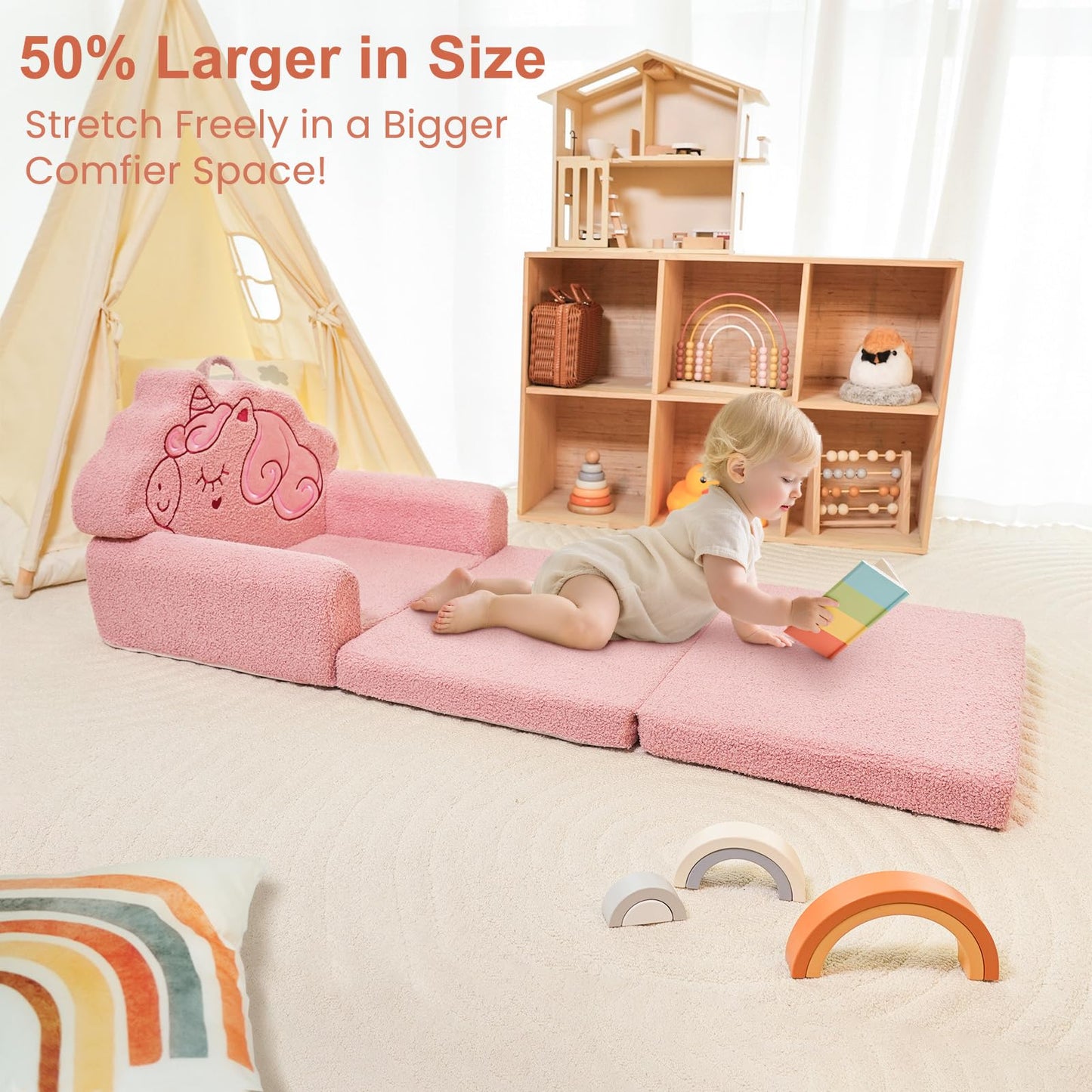 TinyPalsa Kids Couch, 53.1”x23.6” Sofa Bed, Convertible Sofa to Lounger Fold Out, Pink Unicorn Design Chair for Toddlers 1-3, Gift for Birthday, Movie Night