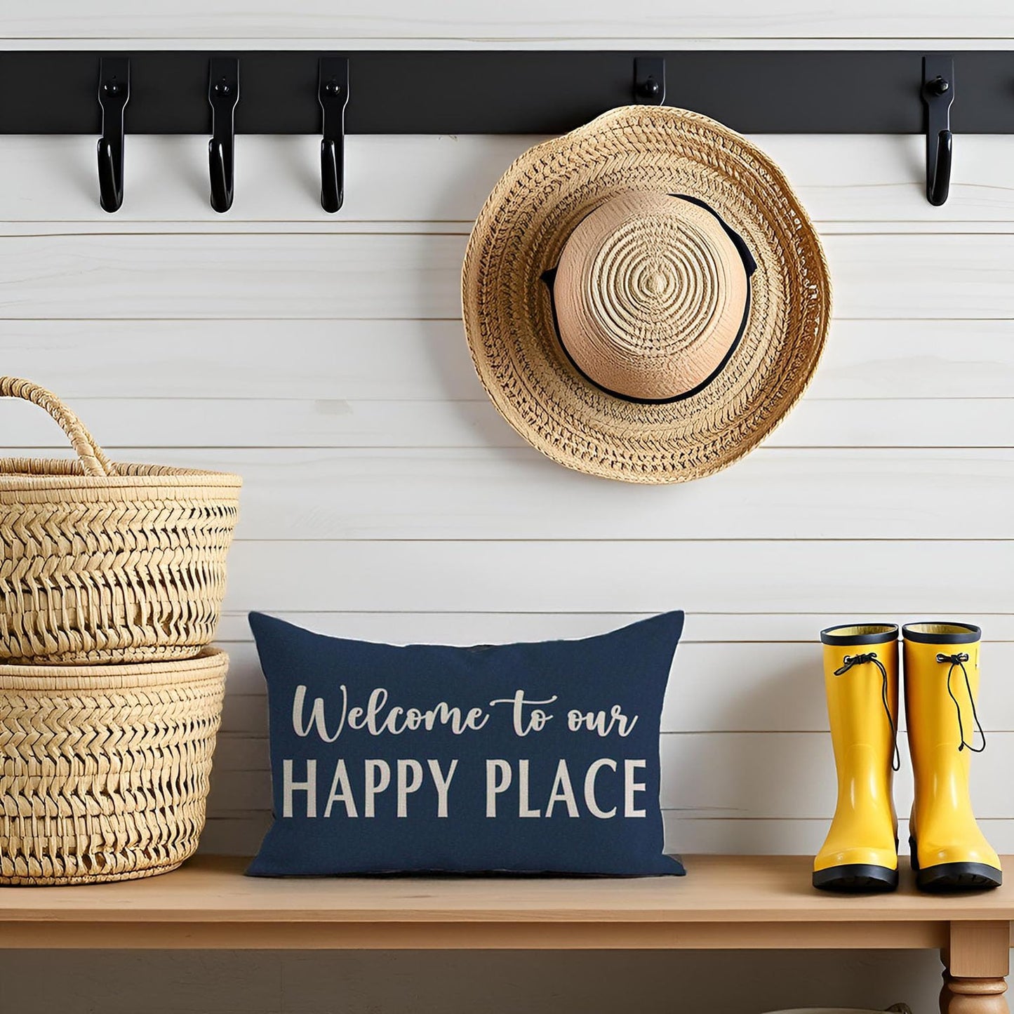 HERHOME Decorative Throw Pillow Cover 12x20 Inch Welcome to Our Happy Place Blue Outdoor Farmhouse Coastal Front Porch Patio Decor Lumbar Cushion Case Decoration for Living Room Sofa Couch