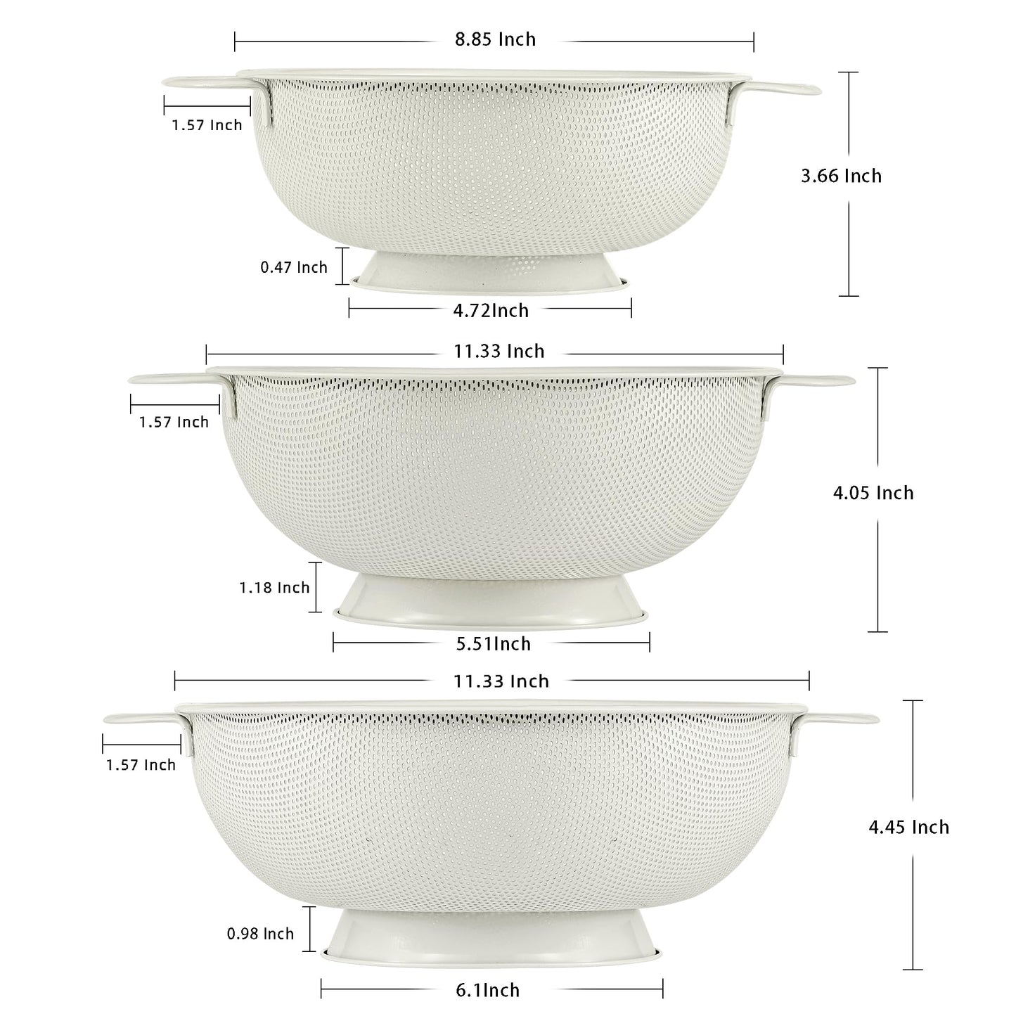 Stainless Steel Colander 3 Piece,Metal Strainer Basket with Solid Base and Handles for Kitchen Food,Pasta, Noodles, Vegetables and Fruits,Powder Coated,BPA Free,Dishwasher Safe,2 & 3 & 4.5 Qt (Cream)