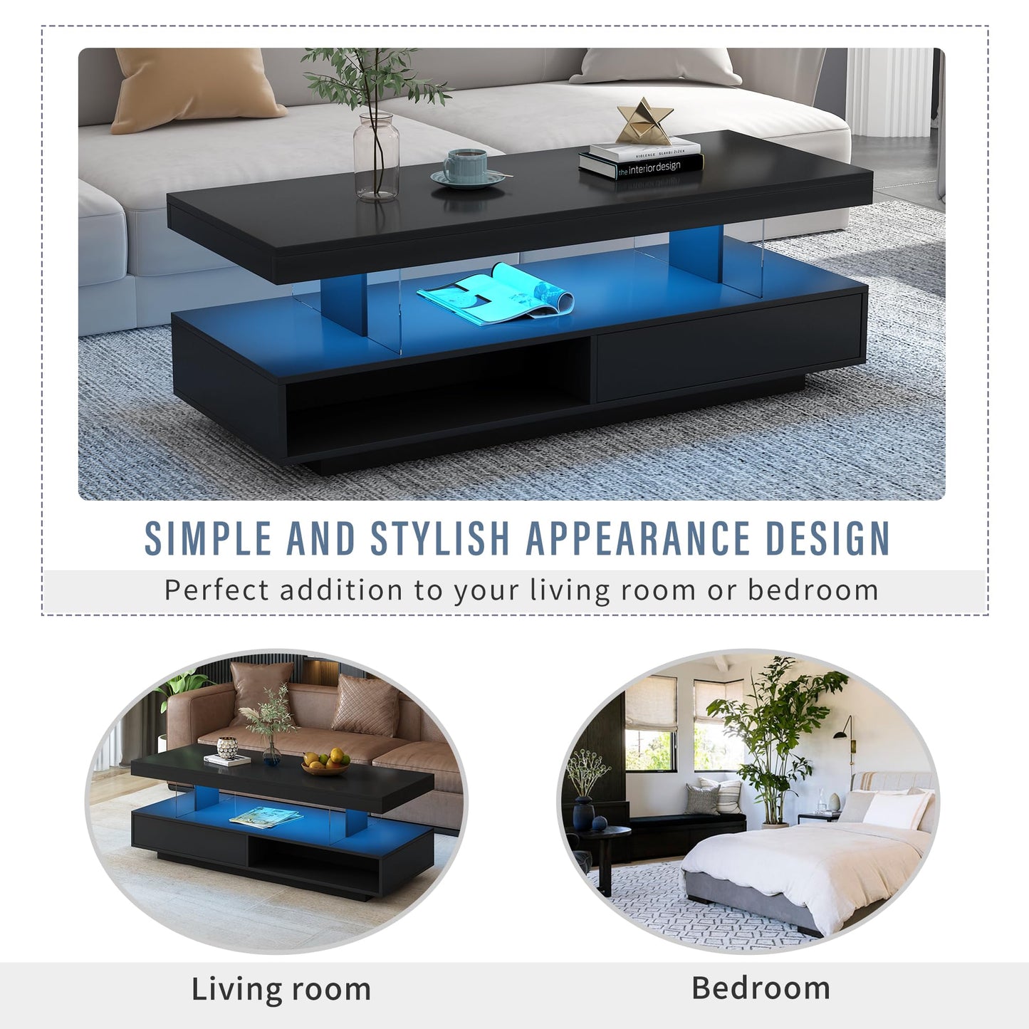 LUMISOL High Gloss Coffee Table with 16 Colors LED Lights, UV Cocktail Table with 2 Drawers and Display Shelf, Modern Center Table for Living Room, Black