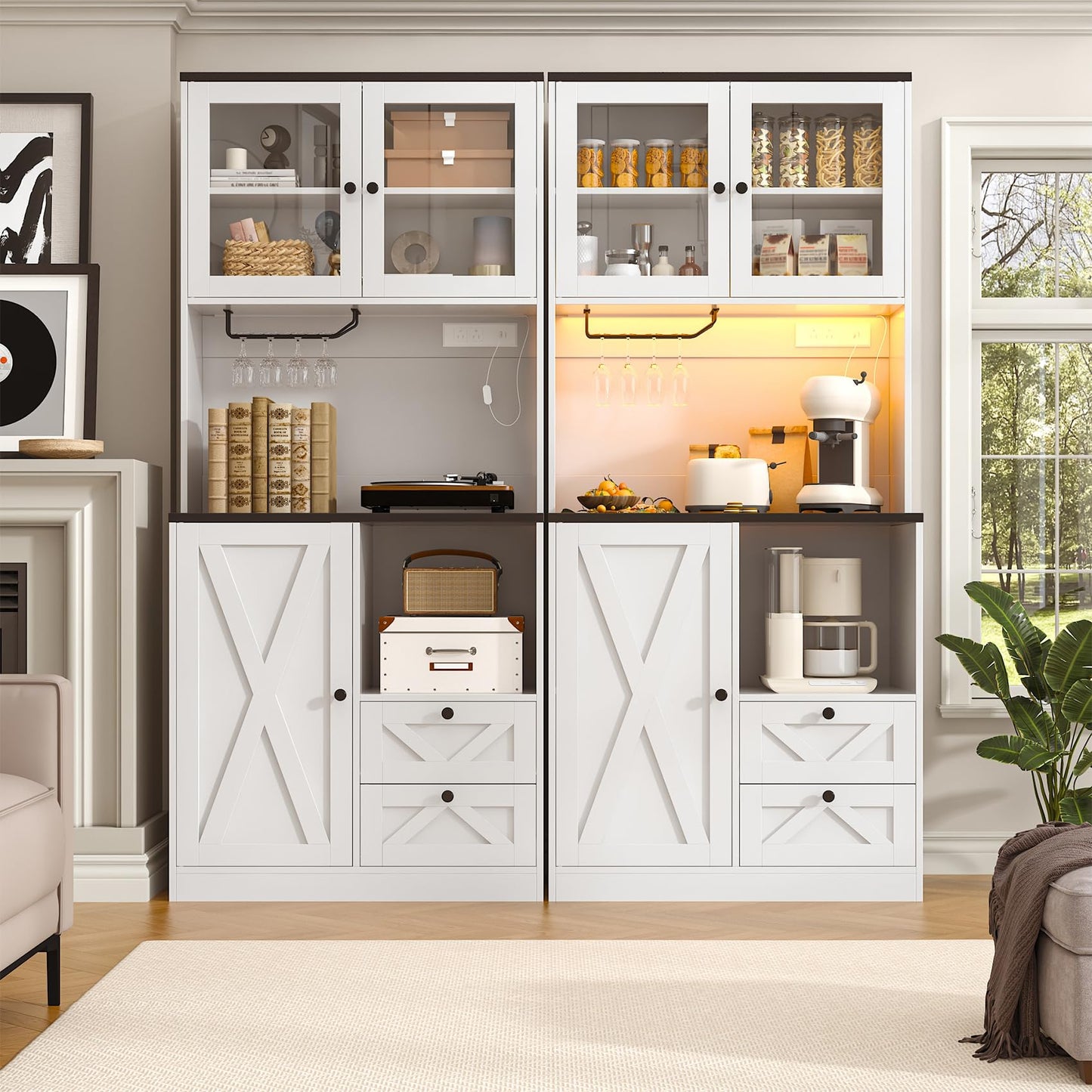 CBBPET 71" Tall Coffee Bar Cabinet with Storage Hutch, Farmhouse Kitchen Pantry Cabinet with LED Lights Microwave Stand and Glass Holder for Home Dining Room Kitchen,White