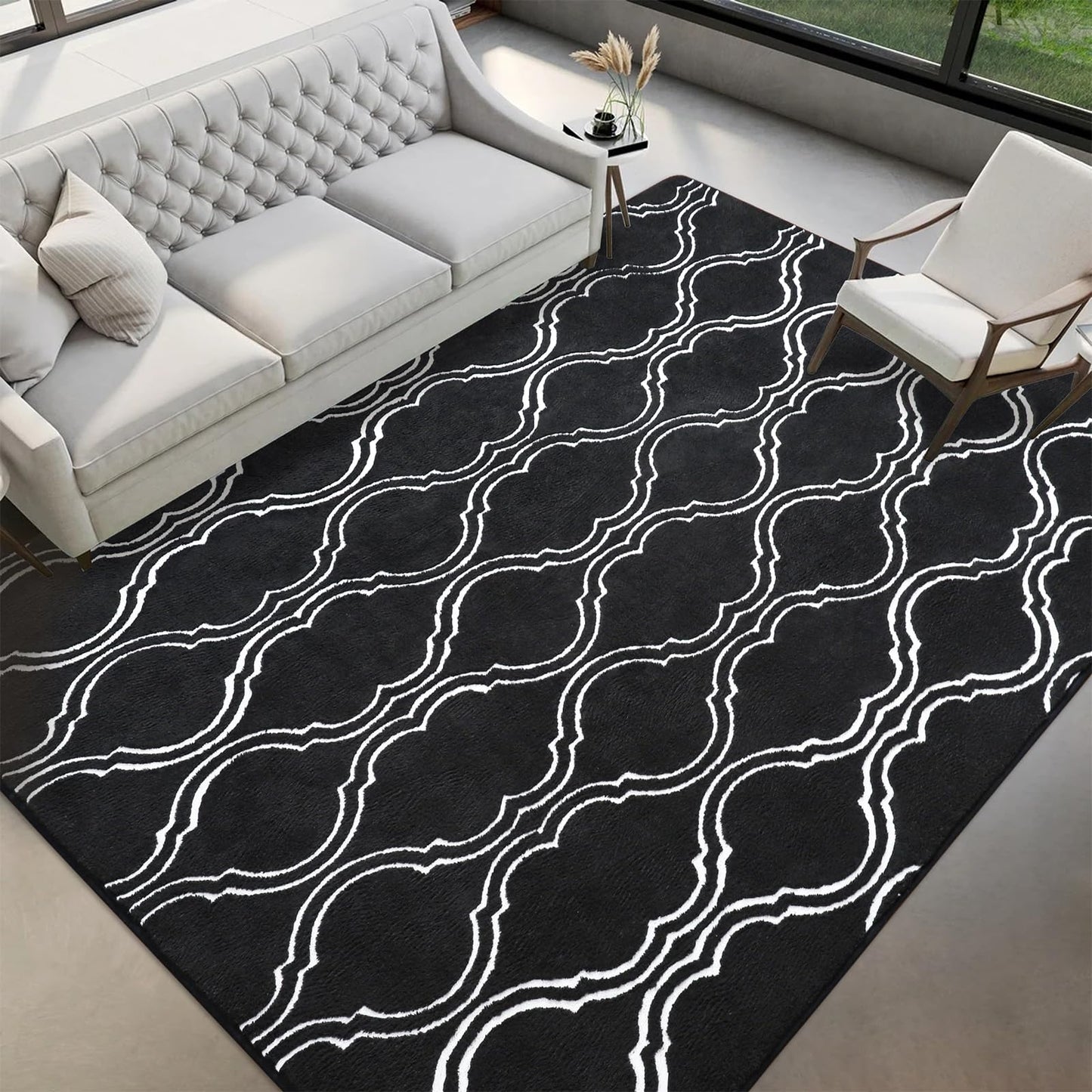 Washable Rugs for Bedroom Living Room, 4x6 Black Fluffy Shag Area Rug, Soft Modern Indoor Carpet for Dorm Boys Girls Kids Room Nursery Playroom Office Floor Rug Home Decor, Black/White