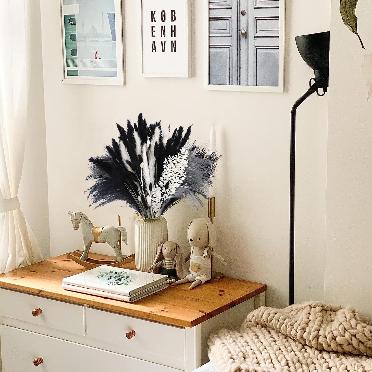 102PCS Black Pampas Grass Decor, Grey White Natural Dried Pampas Grass Bulk, Boho Home Decor Bouquet, Black and White Dried Flowers Decor, Halloween Wedding Floral Arrangements Vases Decorations