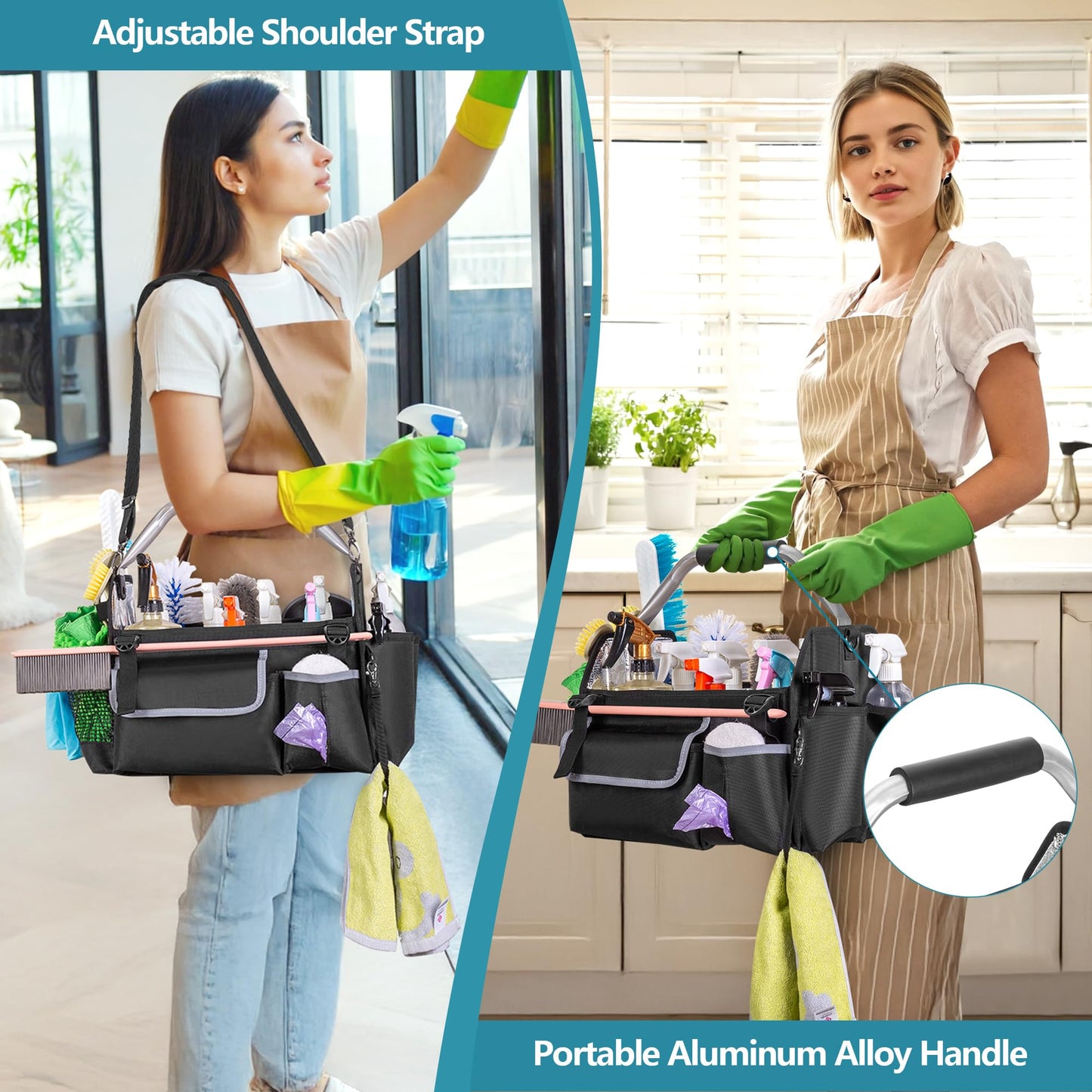 HODRANT Wearable Cleaning Caddy Organizer, Cleaning Supplies Bag with Divider & Support Pad, Cleaner Tote with Handle & Detachable Shoulder Strap, Housekeeping Storage Box with Multi Pockets, Bag Only