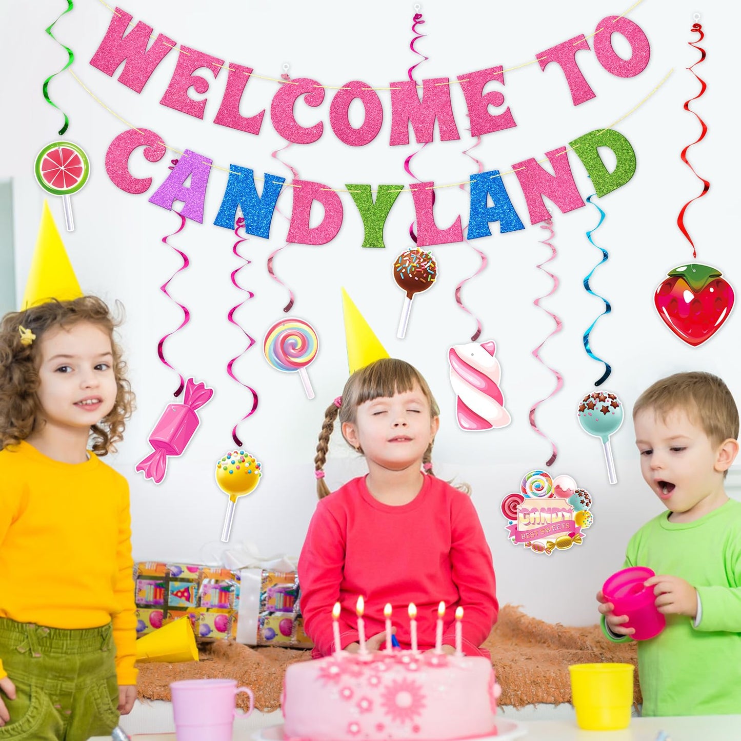Candy Themed Party Decorations - Hanging Swirls, Banner, Birthday and Baby Shower Decor for Classroom - 11Pcs