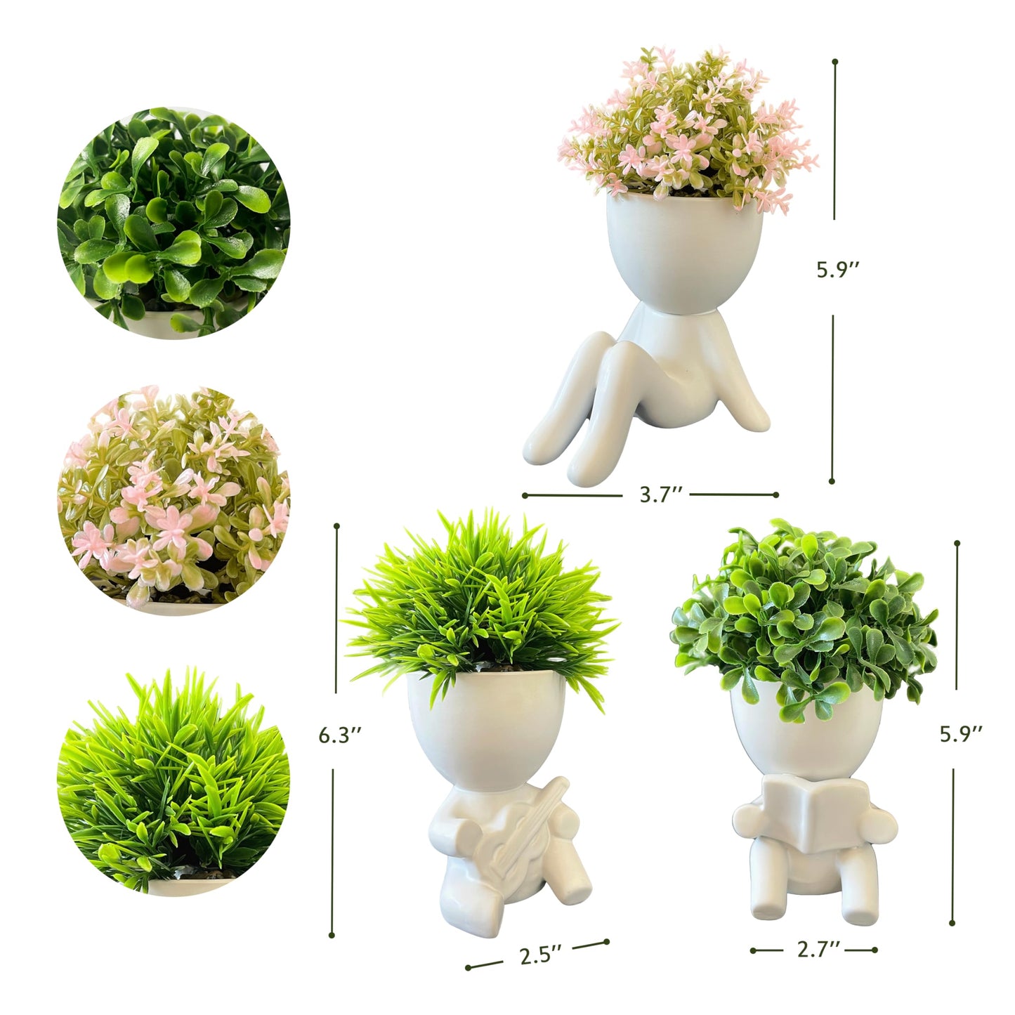 3 Packs Creative Small Fake Plants Artificial Succulents in Ceramic Human Shaped Pots Cute Office Plants for Desk Home Decor Funny Premium Ceramic Faux Succulent Perfect Humorous Gift Idea(3, White)