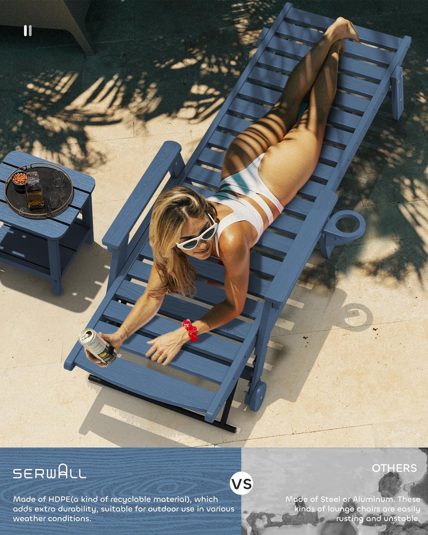 SERWALL Patio Chaise Lounge Chair Set of 2, 78'' Long 5-Positions Adjustable HDPE Outdoor Lounge Chair for Pool, Poly Lounge Chair with Rolling Wheels & Cup Holder for Poolside, Deck, Blue