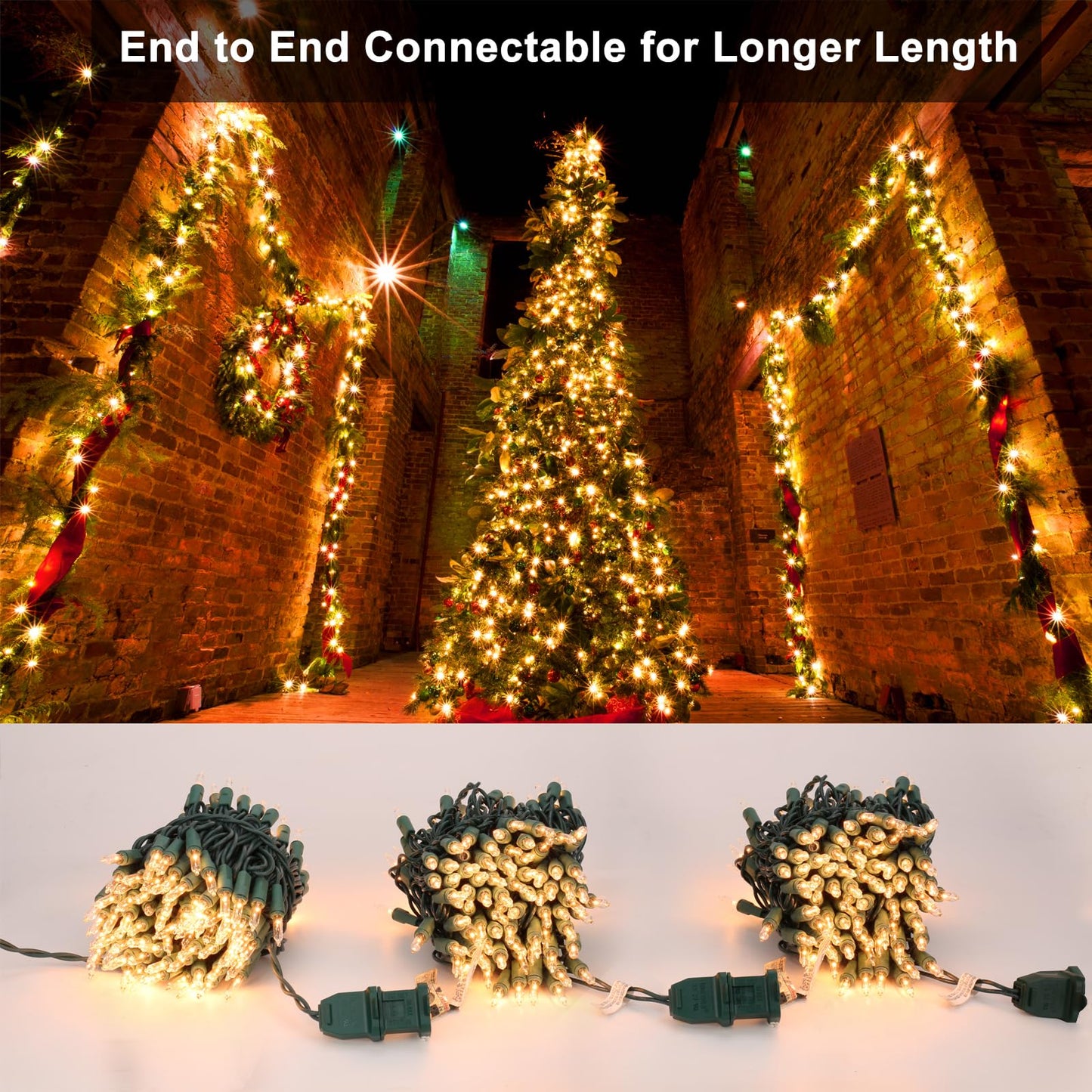 BrizLabs Clear Christmas Lights Outdoor 300 Count 69.6ft Incandescent Christmas Lights Connectable Warm White Light String UL Certified Xmas Mini Light Green Wire for Indoor Tree Holiday Party Decor