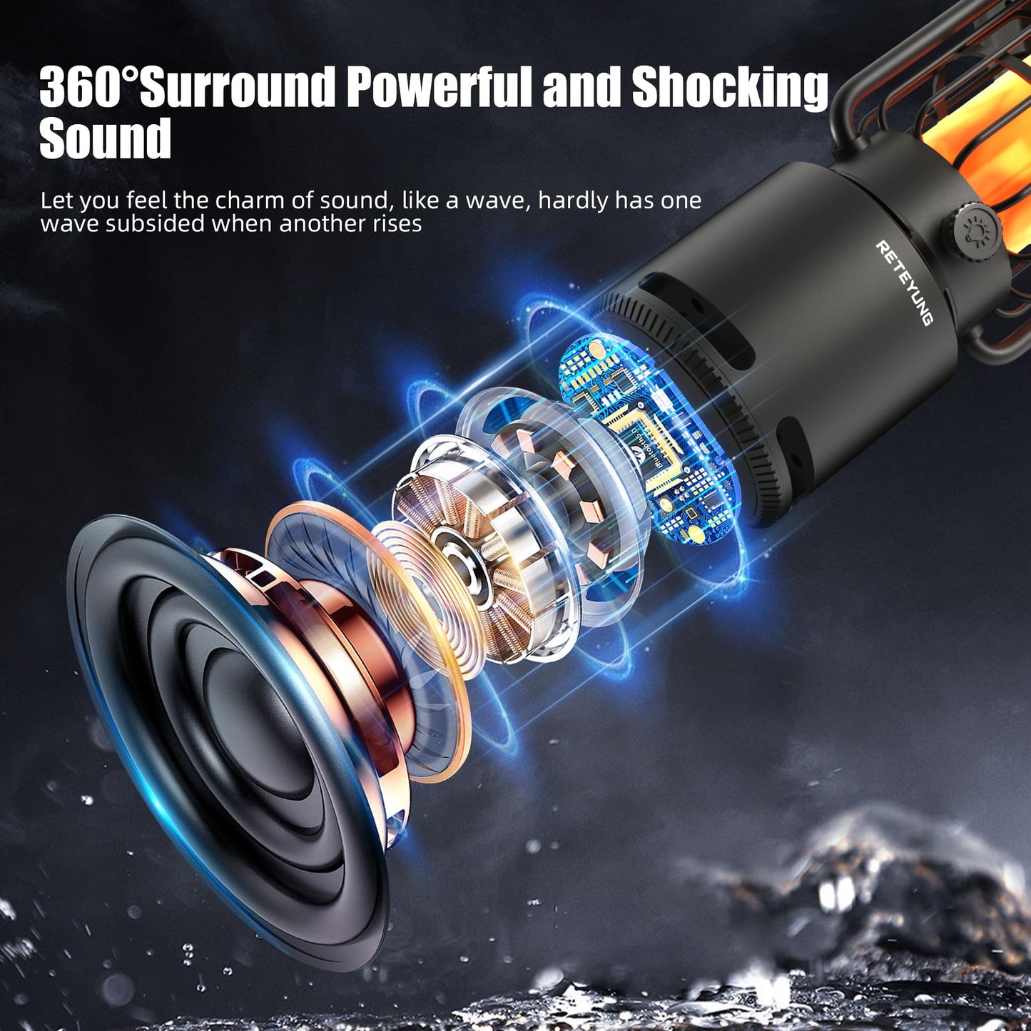 RETEYUNG Outdoor Speakers Bluetooth Waterproof Patio,10W Wireless Portable LED Flame Light Speaker with Torch Atmosphere for Patio/Yard/Party/Camping Black,Gifts for Men Women Dads Moms(2 Pcs)