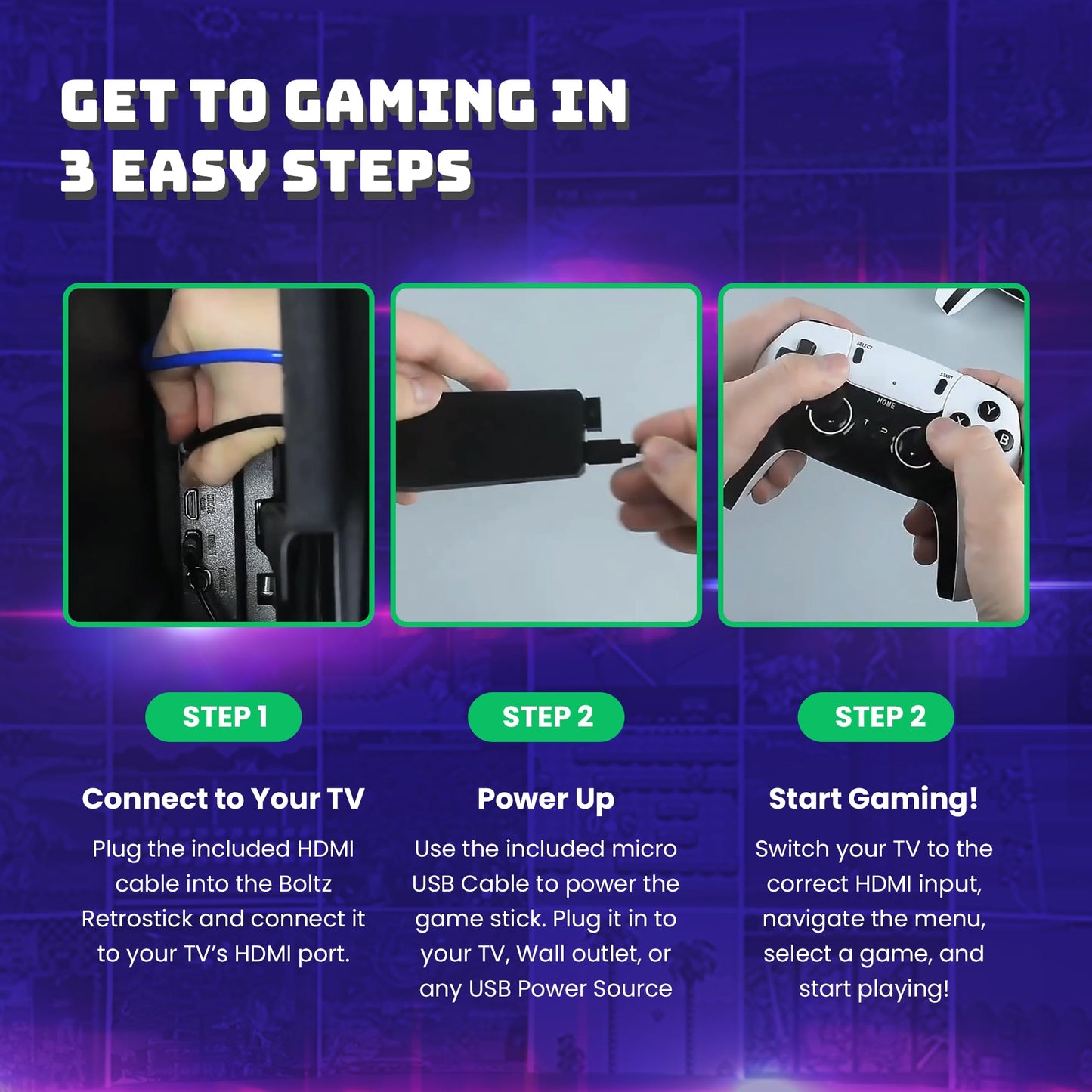 Boltz Retro Stick Gaming Stick – Retro Gaming Console with 40,000+ Classic Video Games, 9 Emulators, 128GB Storage, Plug & Play 4K HDMI Output, Includes 2 Wireless 2.4GHz Controllers