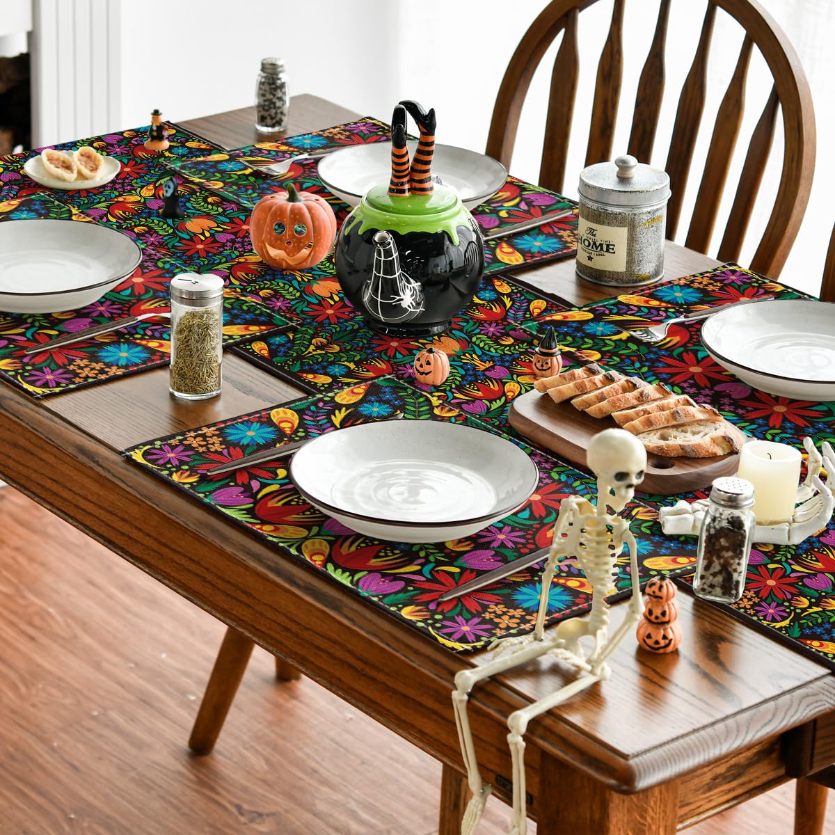 Artoid Mode Mexican Cinco De Mayo Placemats for Dining Table, 12 x 18 Inch Floral Fiesta Dia De Los Muertos Decoration Washable Table Mats Set of 4