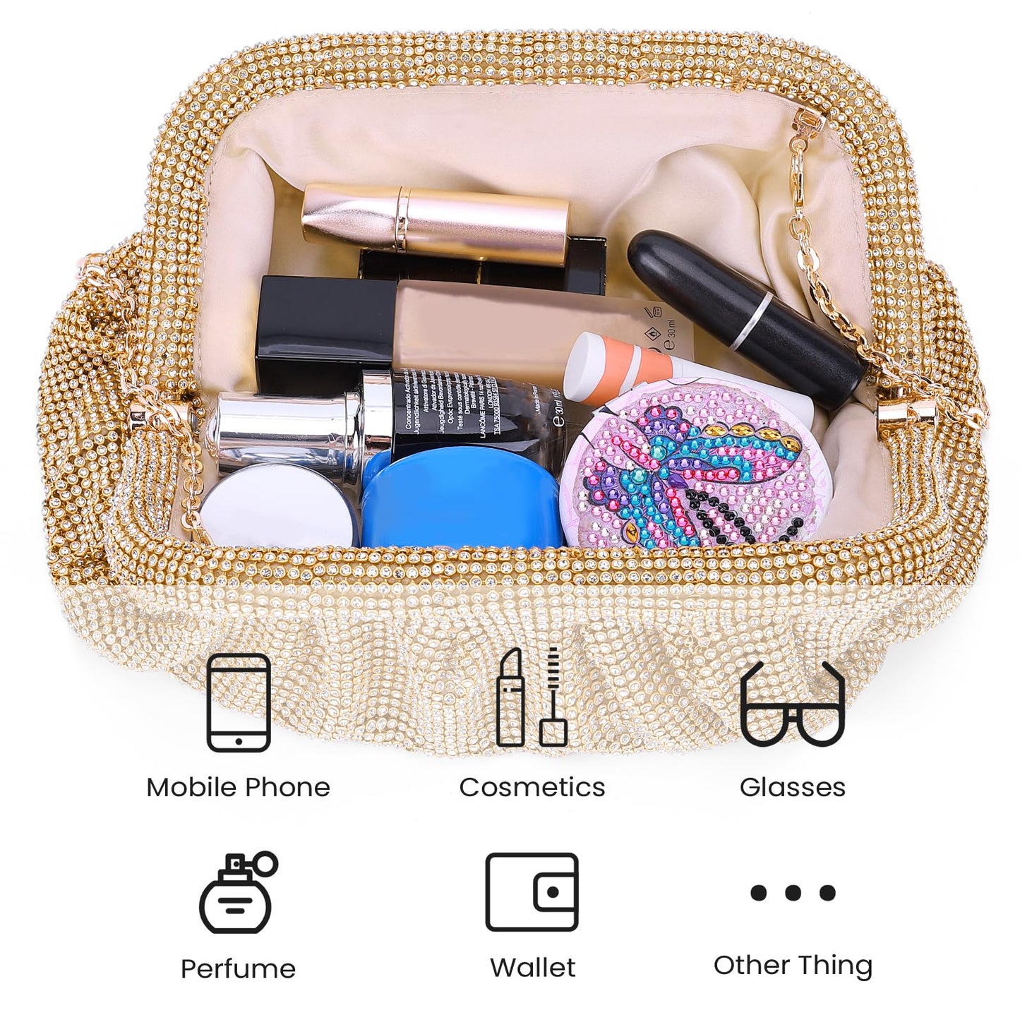 Lushandy Rhinestone Purse, Gold Silver Clutch Purses for Women Evening Bag Formal Wedding Clutch Bag Dumpling Bag Dress Purse