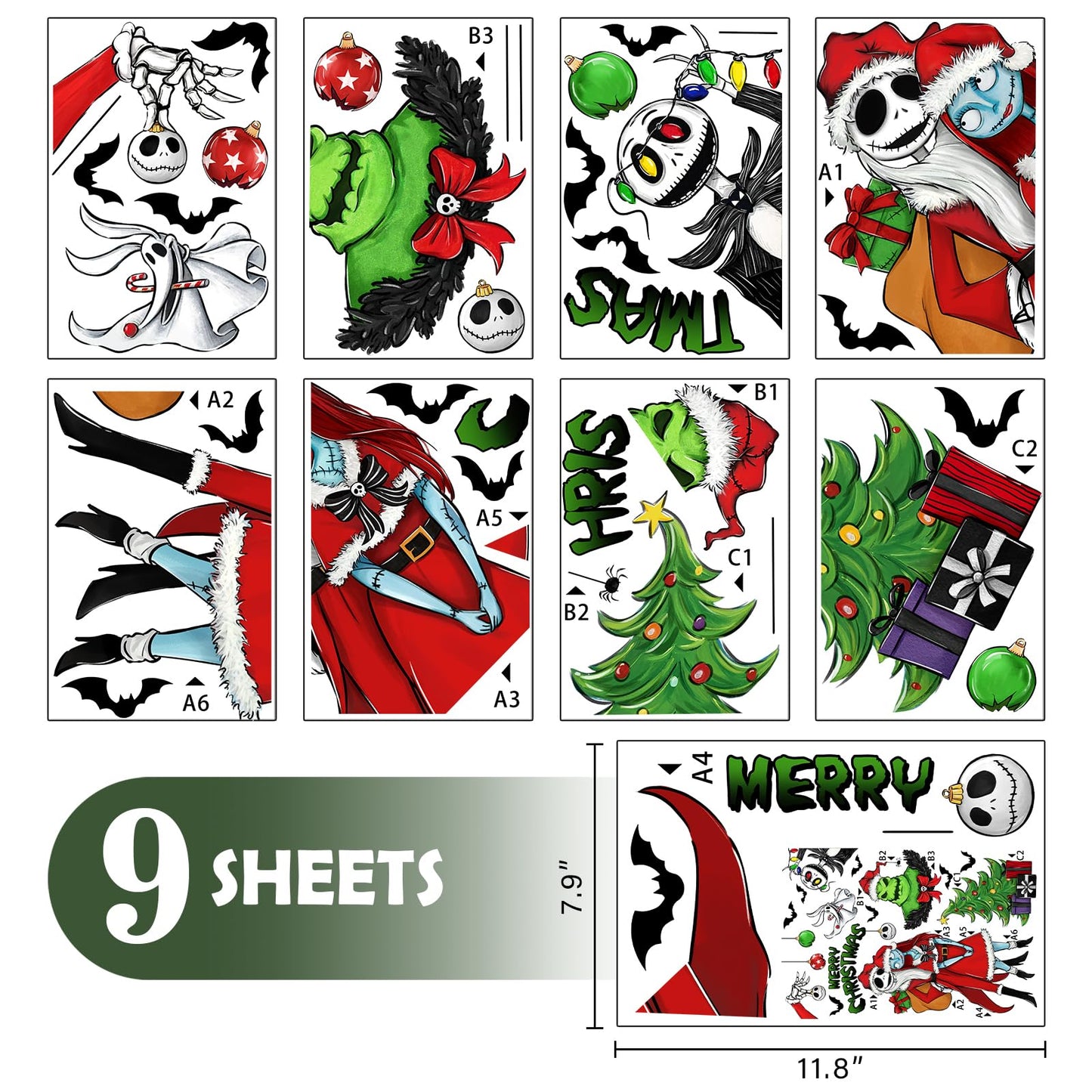 Mfault 121 PCS Merry Christmas Nigh.tmare BEF.ore Christmas Window Clings 9 Sheets, Jack Sally Xmas Tree Skull Stickers Decal Decoration, 2025 New Year Home Kitchen Winter Holiday Decor
