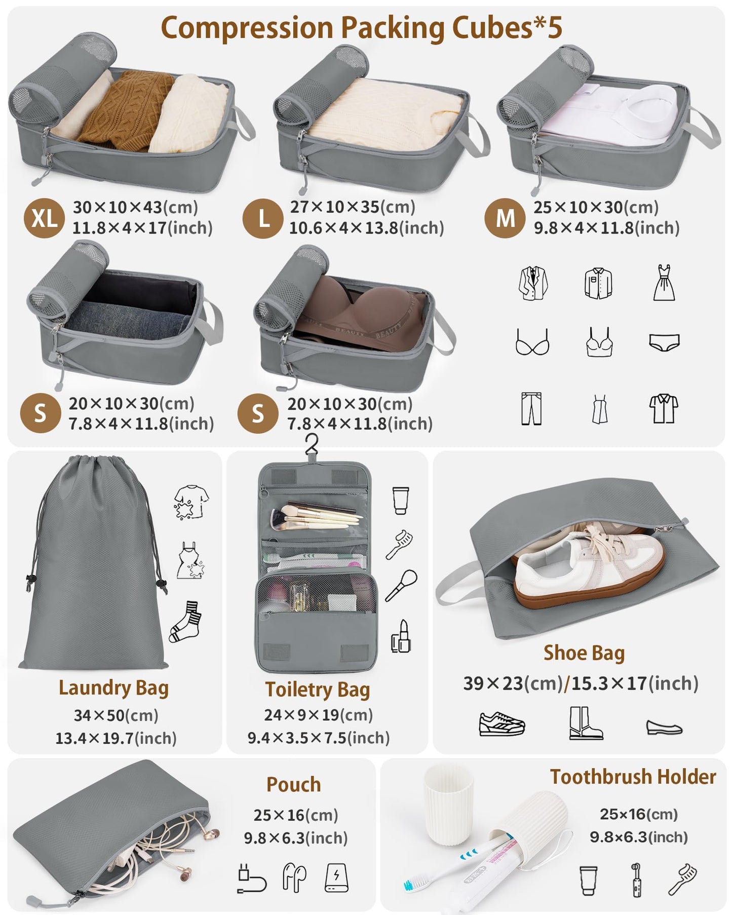 Compression Packing Cubes 10 Sets, Packing Organizers, Extensible Suitcase Organiser Bags, Travel Organizer Cubes for Travel Essentials Grey