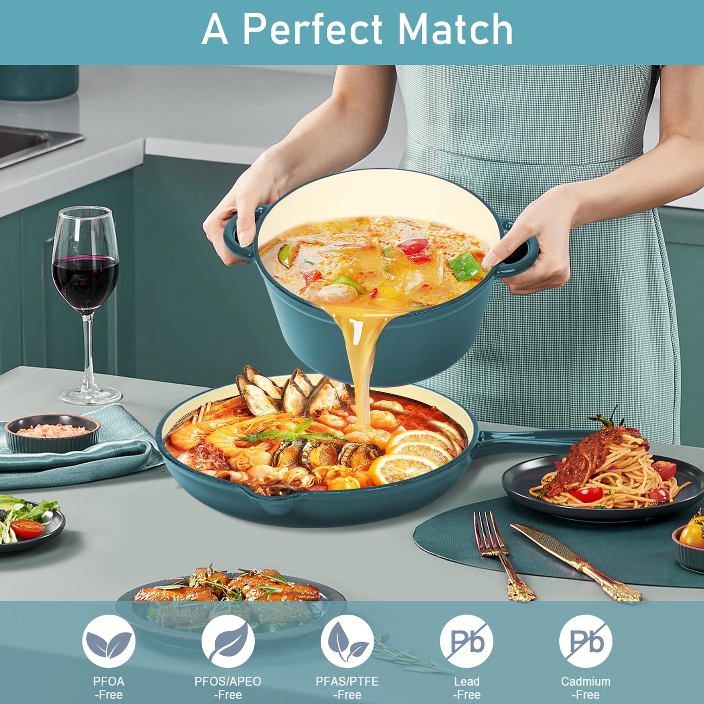 Nonstick Enameled Cast Iron Cookware Set- 9 Pieces Dutch Oven Pot with Lid for Braising, Stews, Roasting, Bread Baking, Cooking Pot Oven Safe & Compatible with All Stovetop, Teal Ombre