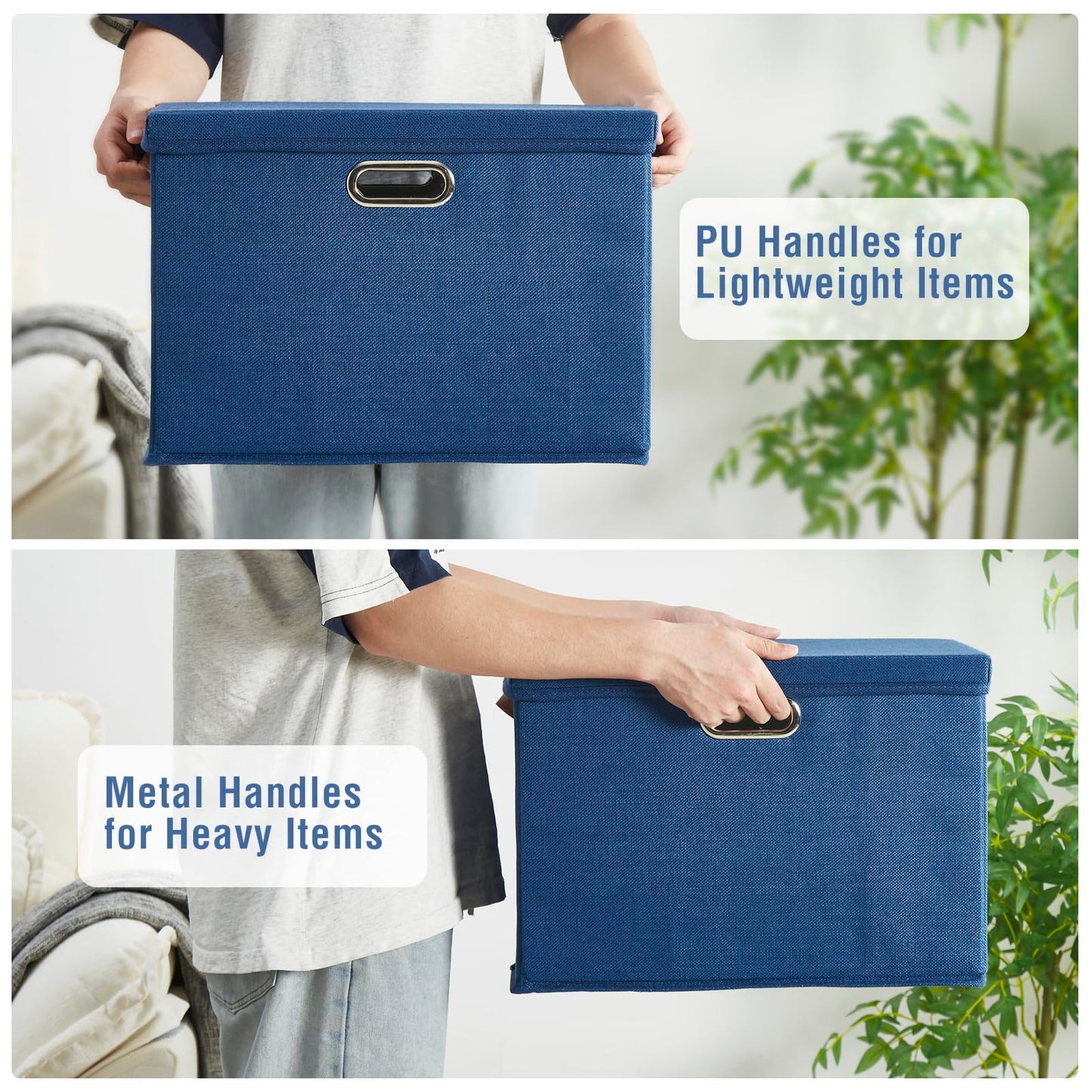 Roobyl 17" Large Collapsible Storage Bins with Lids, Stackable Closet Organizers with PU Handle and Labels, 3-Pack Decorative Fabric Storage Boxes for Home, Bedroom, Closet, Office, Nursery(Navy)