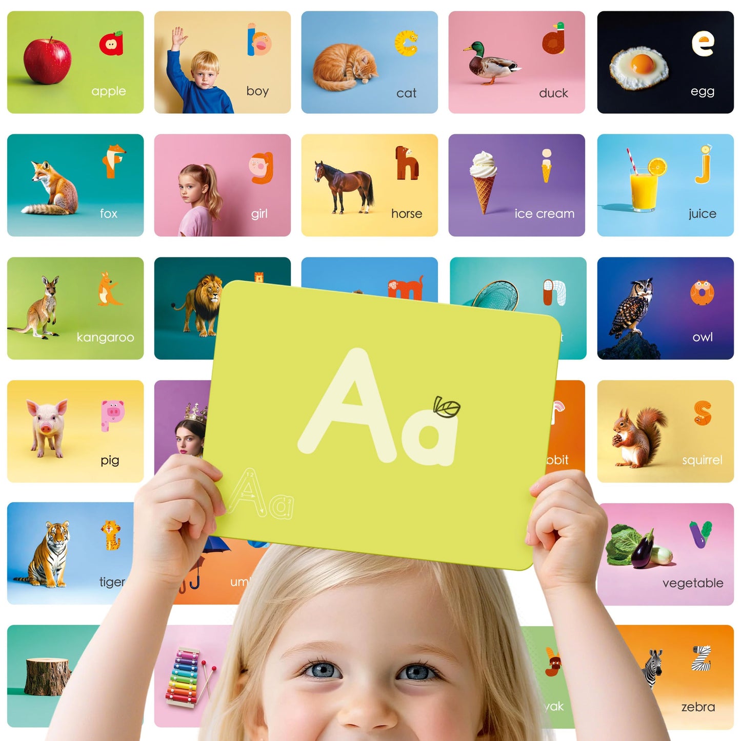 Dotimo Alphabet Picture Mnemonic Cards, 26 Uppercase & Lowercase Letter Learning Cards for Kids Letter Cognition, ABC Montessori Early Learning Tool for Toddlers, Classroom & Home Activity