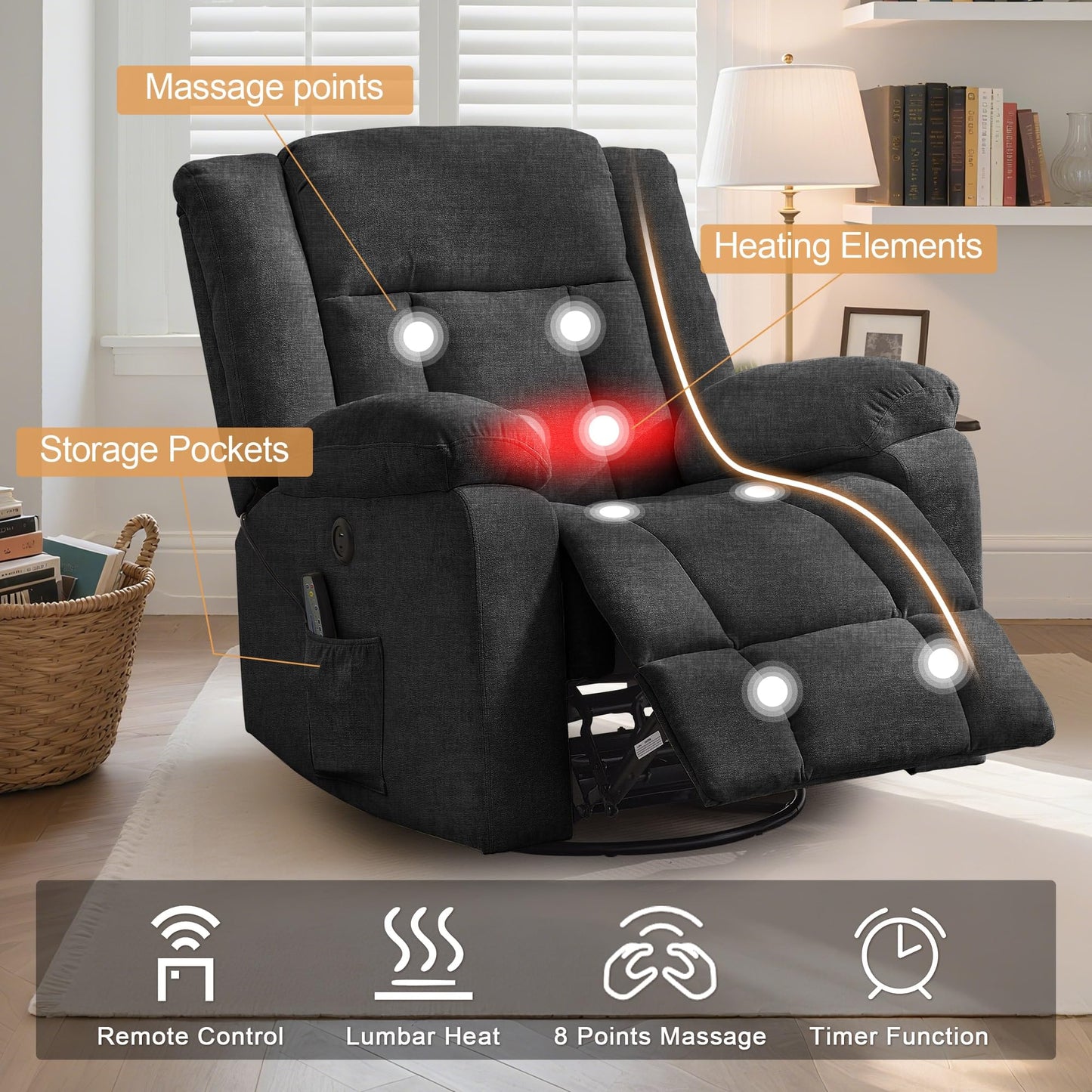 Korser Rocker Recliner, Glider Recliner Chairs for Adults, 360° Swivel Rocking Chair with Massage and Heating, Nursery Chair with Storage and USB Charging for Living Room, Bedroom, Nursery