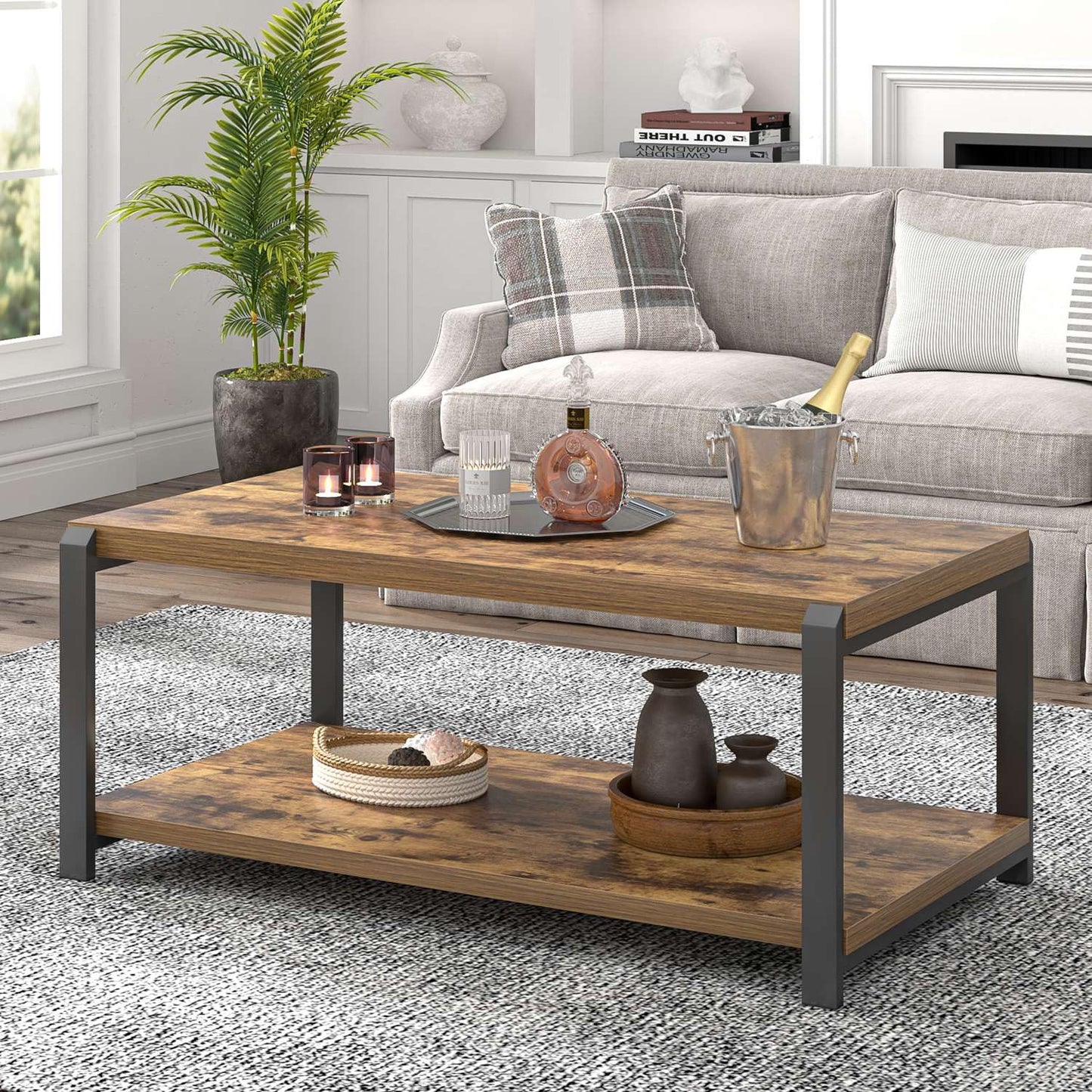 EXCEFUR Modern Coffee Table, Industrial Wood and Metal Center Table, Cocktail Tea Tables for Living Room, Rustic Brown