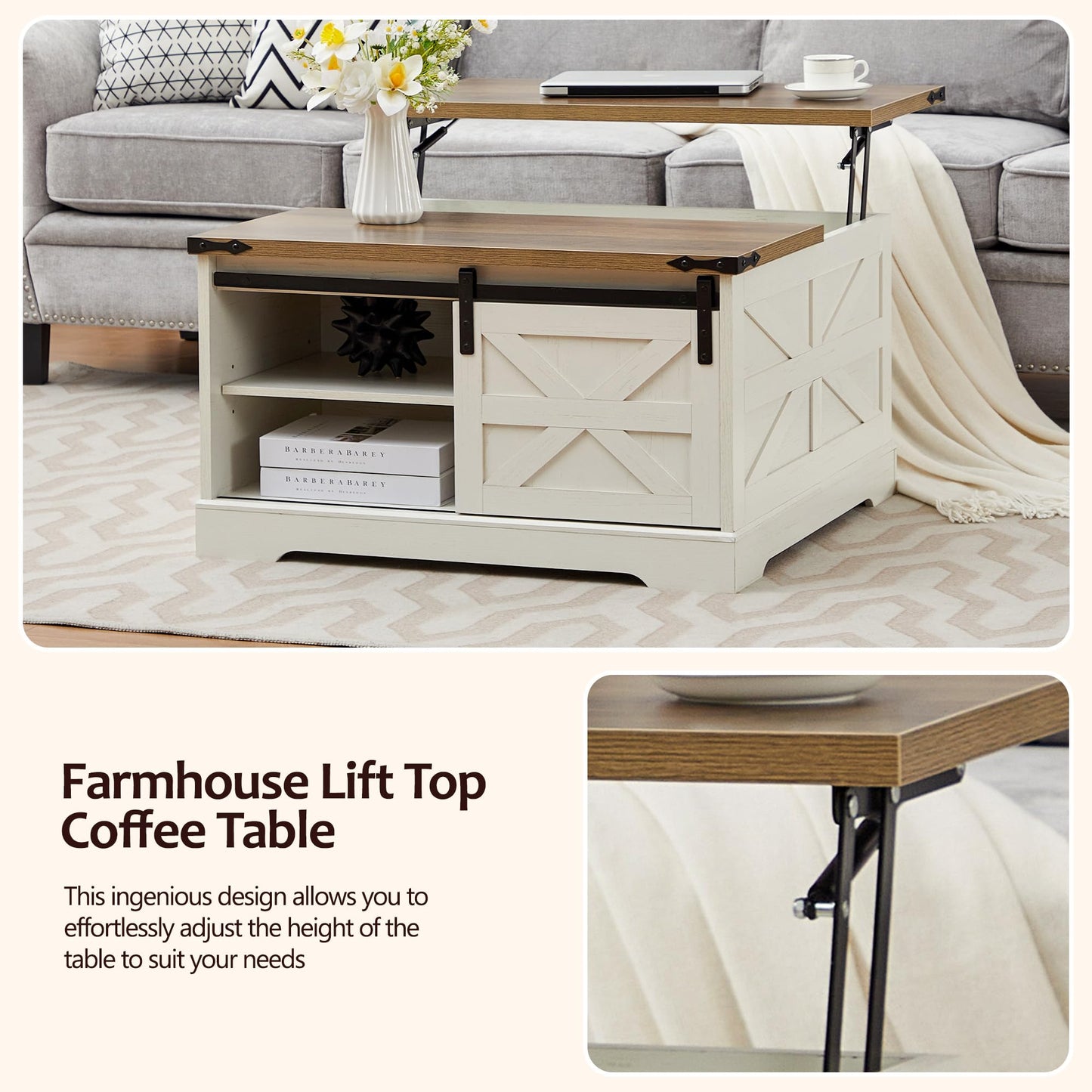 Tltaroni Farmhouse Lift Top Coffee Table，Wood Square Coffee Table with Sliding Barn Door and Adjustable Shelf Rustic Center Table with Hidden Storage Compartment for Living Room