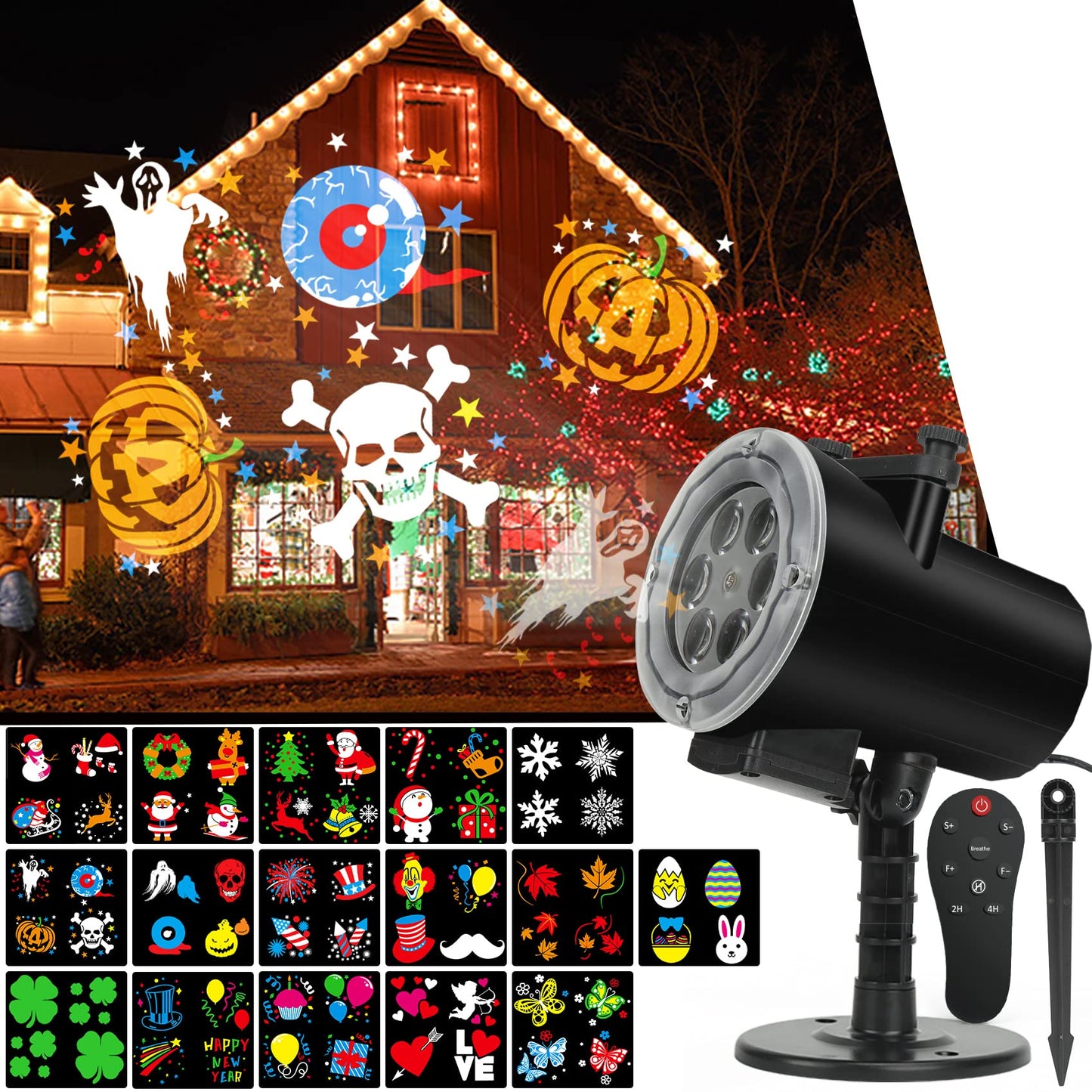 Christmas Lights Projector,Waterproof IP65 Indoor Motion Remote Control 10W LED Projector, 16 Slides Holiday Light Party Outdoor Garden House Apartment Kids Room Night Light