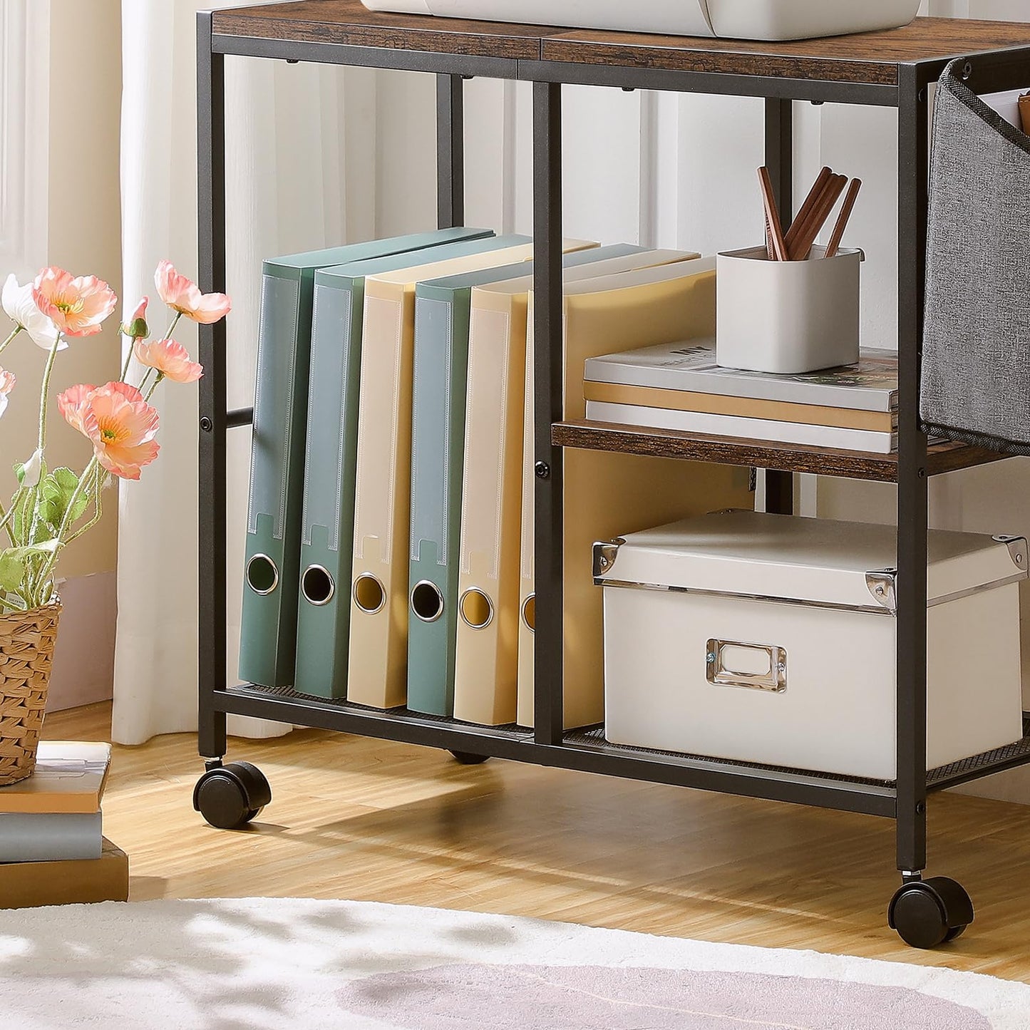 MAHANCRIS Printer Stand with Storage Bag, 3-Tier Mobile Under Desk Printer Cart with Wheels, Wood Rolling Printer Table, Organizer Shelf for Study, Office, Living Room, Rustic Brown PTHR2201