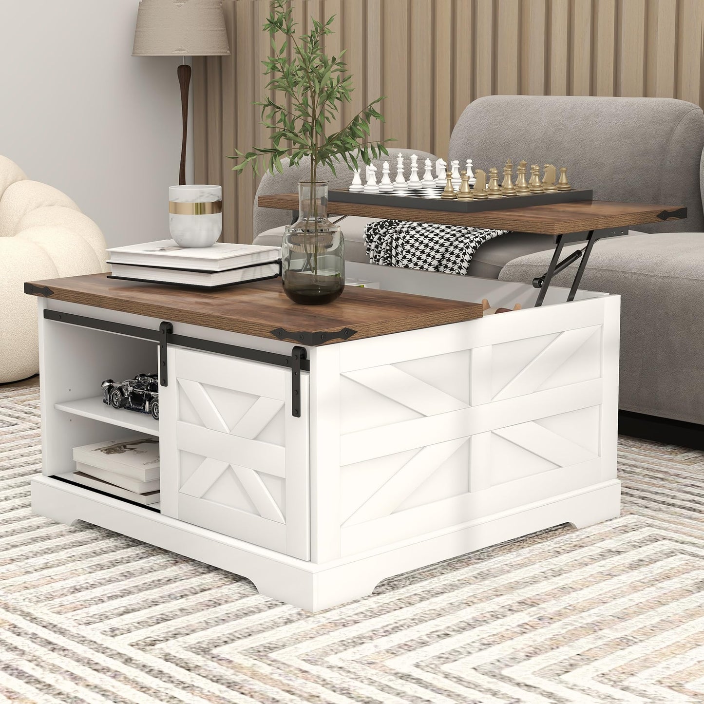 TaoHFE Lift Top Coffee Table with Storage,Rustic White Farmhouse Coffee Table, Square Storage Compartment and Adjustable Shelves Coffee Tables for Living Room (Oak White)