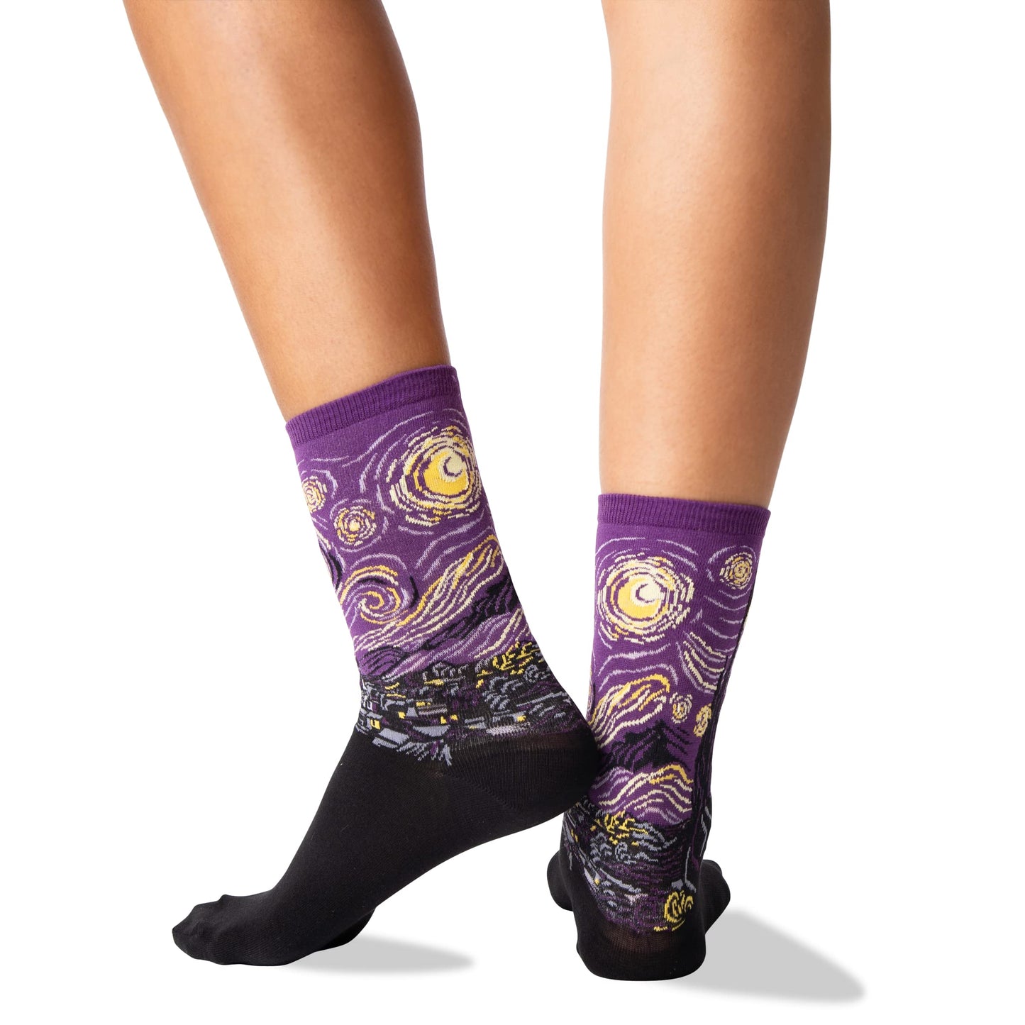 Hot Sox Womens Fun Famous Artist Paintings Crew Socks - 1 Pair Pack Cool & Gifts Hosiery, Starry Night (Purple), 4-10 US