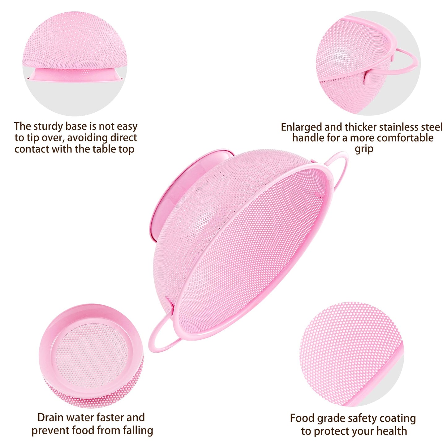 Stainless Steel Colander 3 Piece,Metal Strainer Basket with Solid Base and Handles for Kitchen Food,Pasta, Noodles, Vegetables and Fruits,Powder Coated,BPA Free,Dishwasher Safe,2 & 3 & 4.5 Qt (Pink)