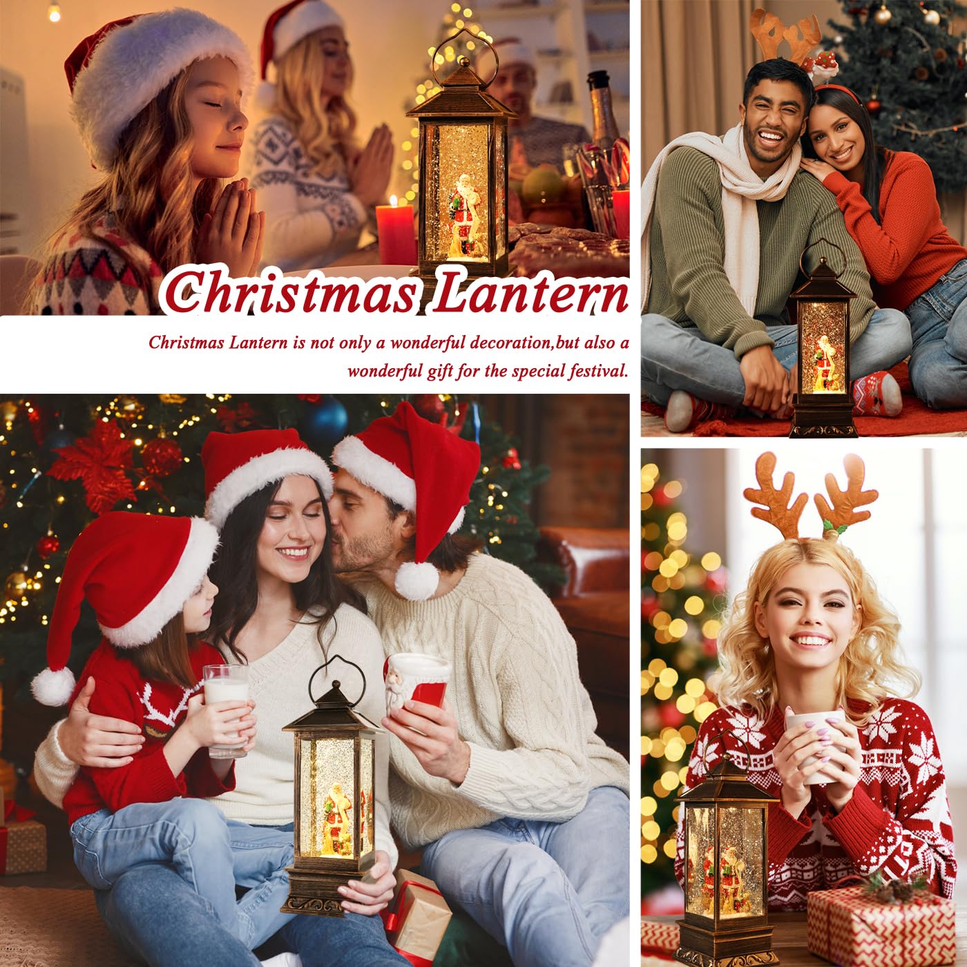 Christmas Snow Globes Lantern, Christmas Decoration Indoor, Battery Powered or USB Powered, Water Globe Lantern with Music and Timer, for Family Kids, Holiday Decorations