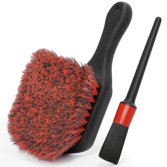 TAKAVU Wheel Tire Brush - Soft Bristle with Short Handle, Included Detailing Brush - Car Cleaning Kit for Rims, Tires, Interior Vents, Emblems - Scratch Safe