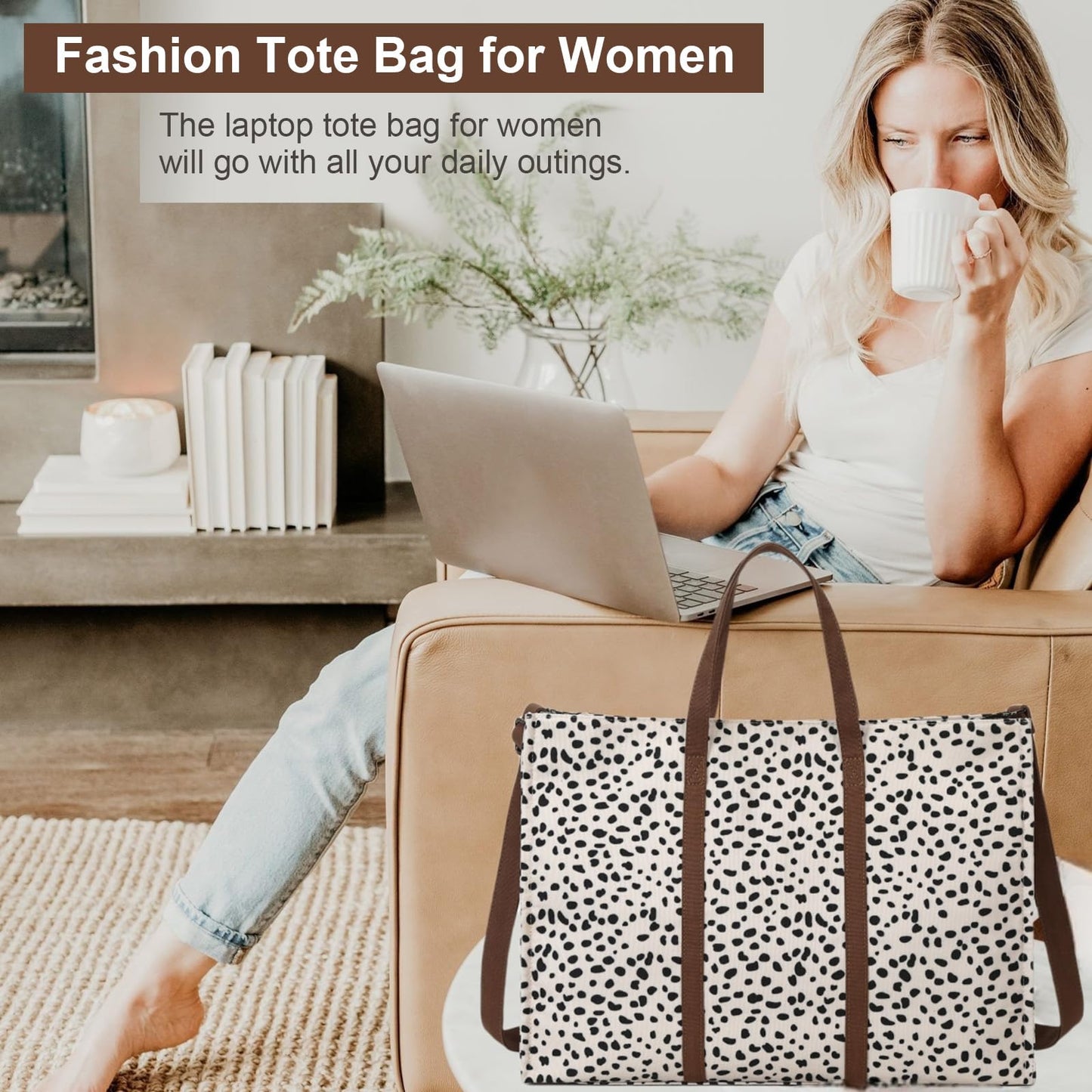 Laptop Tote Bag for Women Work Shoulder Bags 15.6 inch Canvas Laptop Computer Purse Messenger Teacher Handbag Business Office Briefcase (Leopard - Apricot)