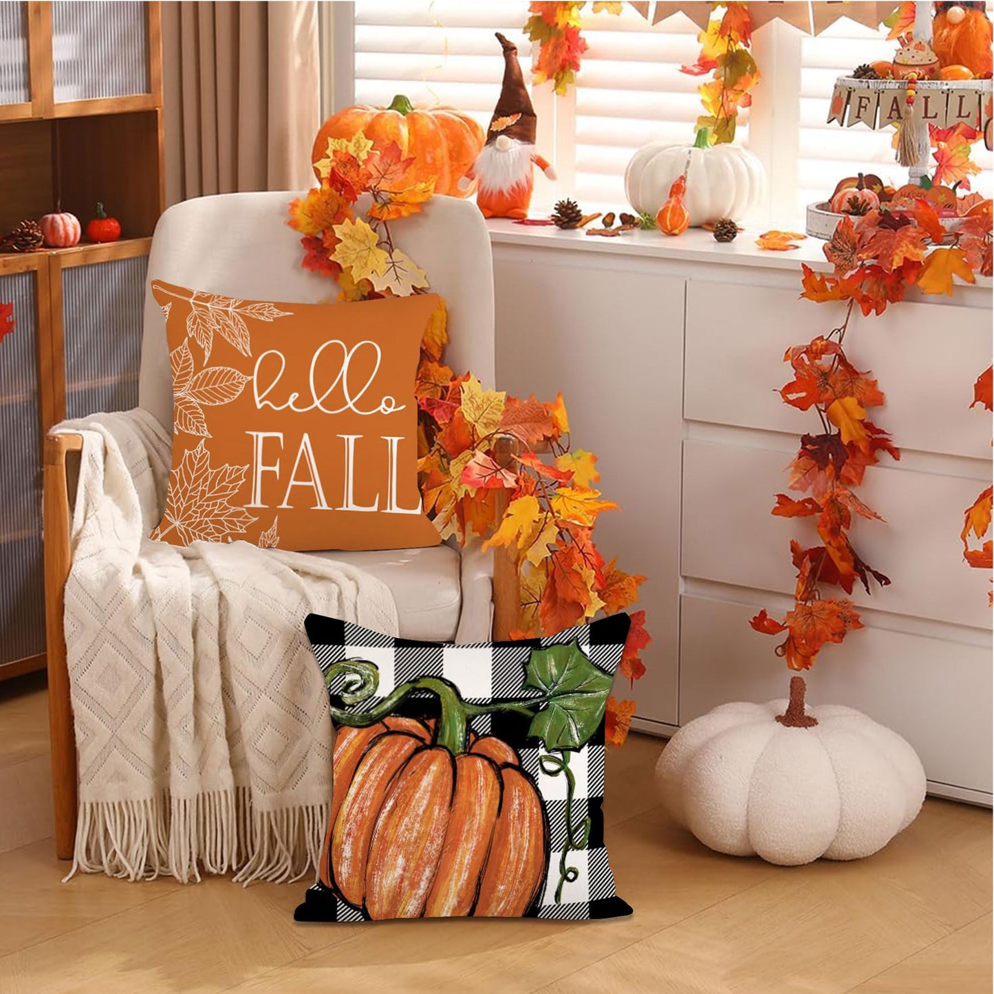 VORA Fall Pillow Covers 18x18 Thanksgiving Pillow Covers Set of 4, Orange Decorative Throw Pillow Covers with Pumpkin Outdoor Fall Farmhouse Decorative, Thanksgiving Themed for Couch