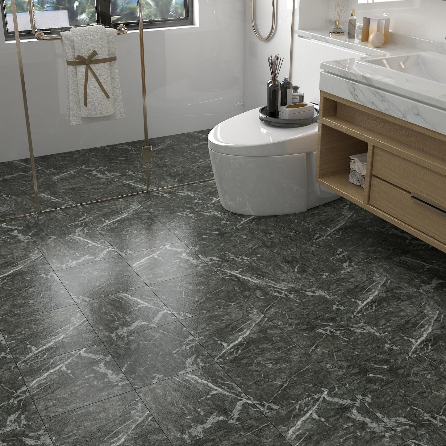 Decotalk 30-Sheet Floor Tile Peel and Stick Grey Flooring Tiles Marble Bathroom Floor Tile Waterproof, 12x12 Inch Vinyl Flooring Tile Renter Friendly Flooring Tile Square Bathroom Flooring Tile Floor